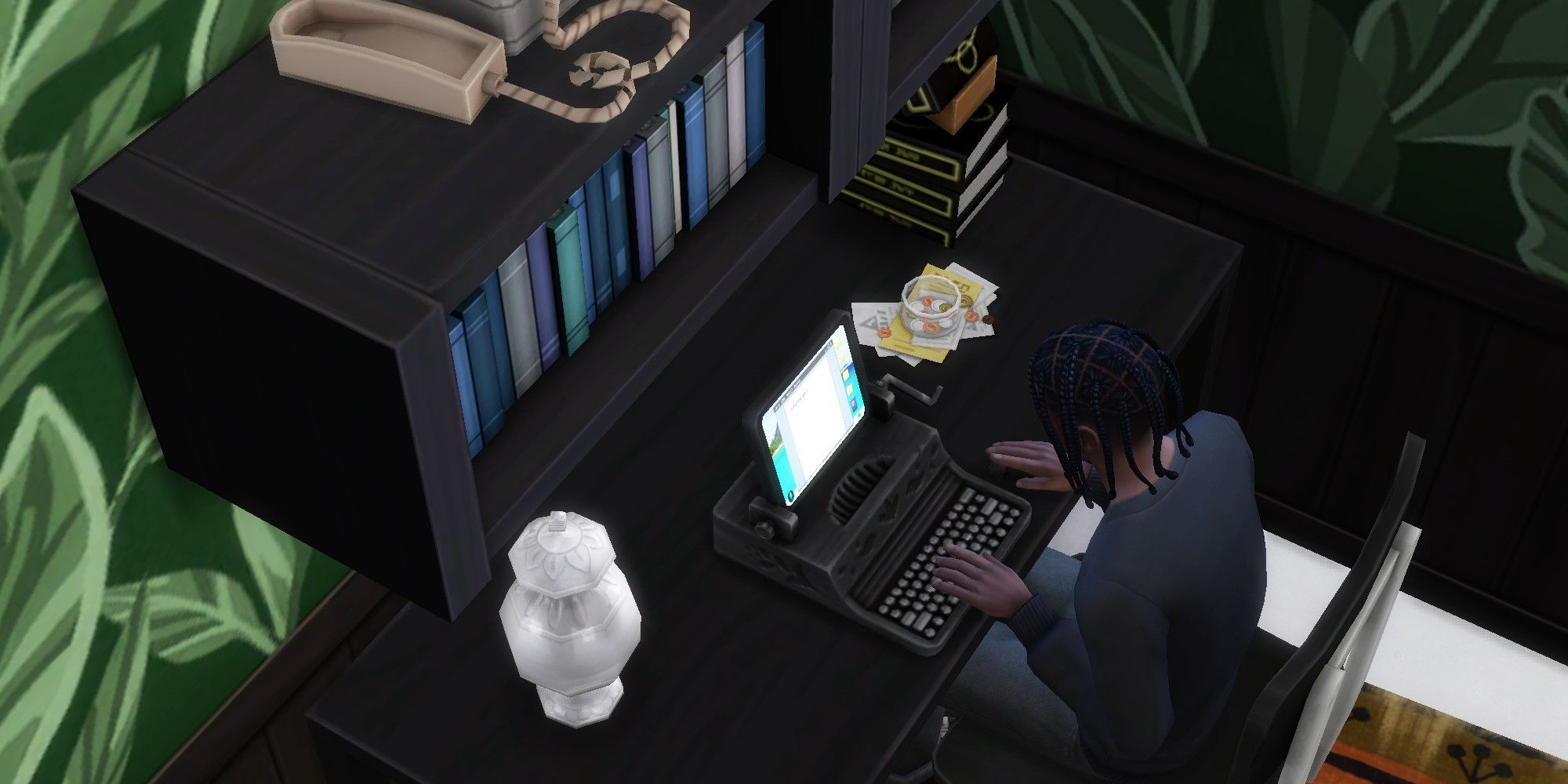 A Sim from The Sims 4 sitting at a dark desk and writing on a computer