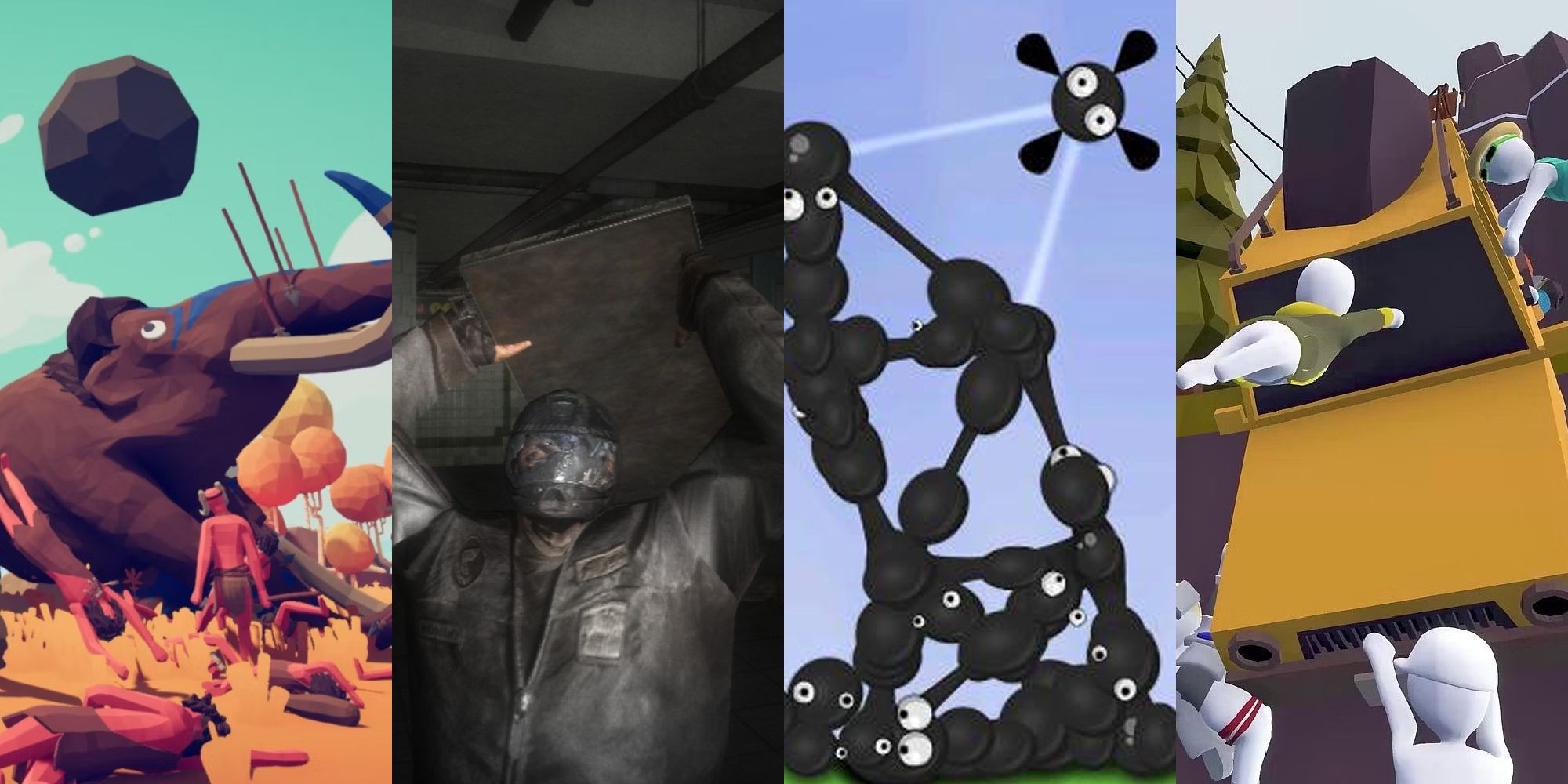 A Split Image Depicting Artwork From World Of Goo, Condemned, Human Fall Flat, And Totally Accurate Battle Simulator