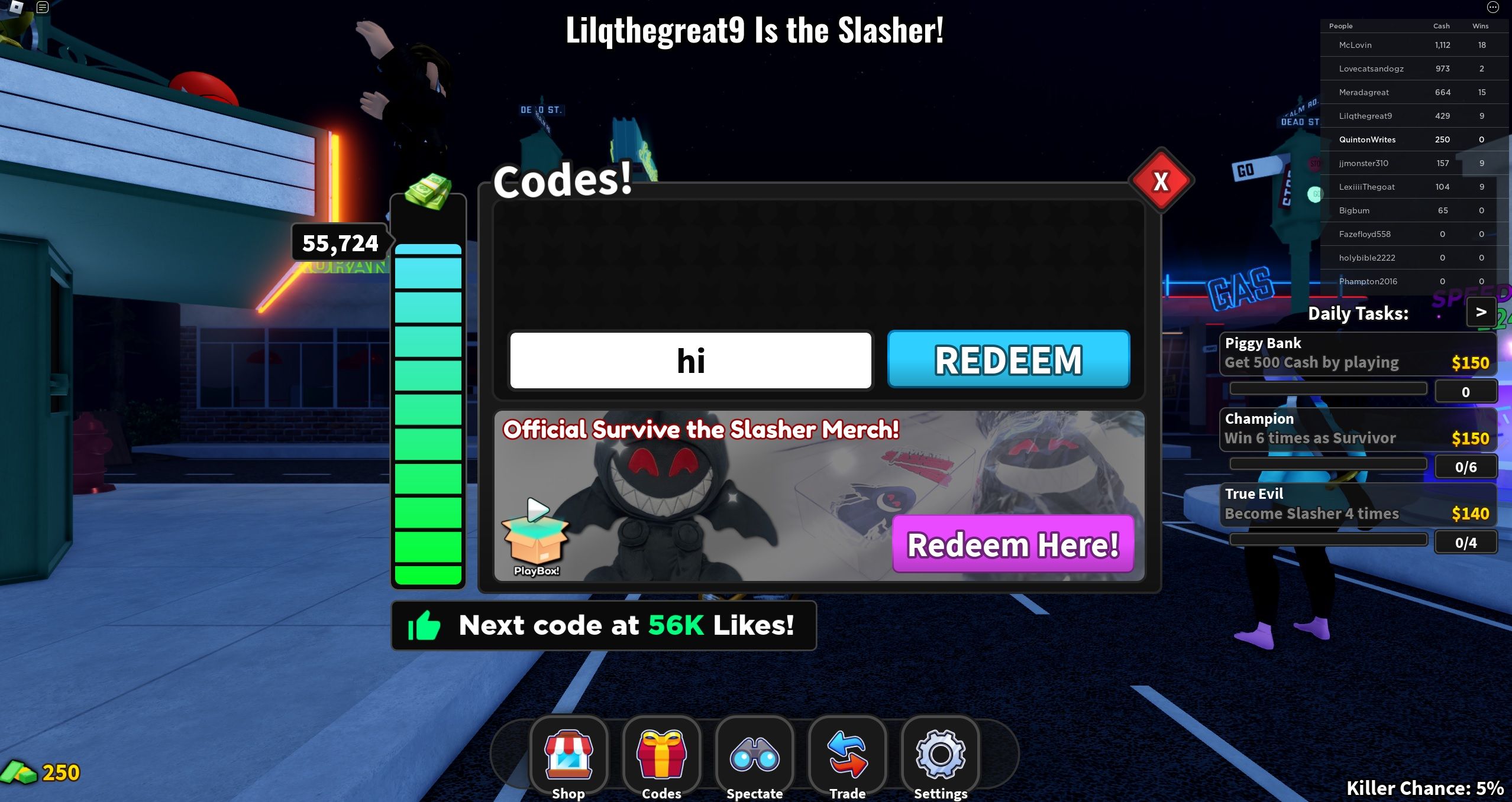 Survive The Slasher Codes (August 2023) Roblox