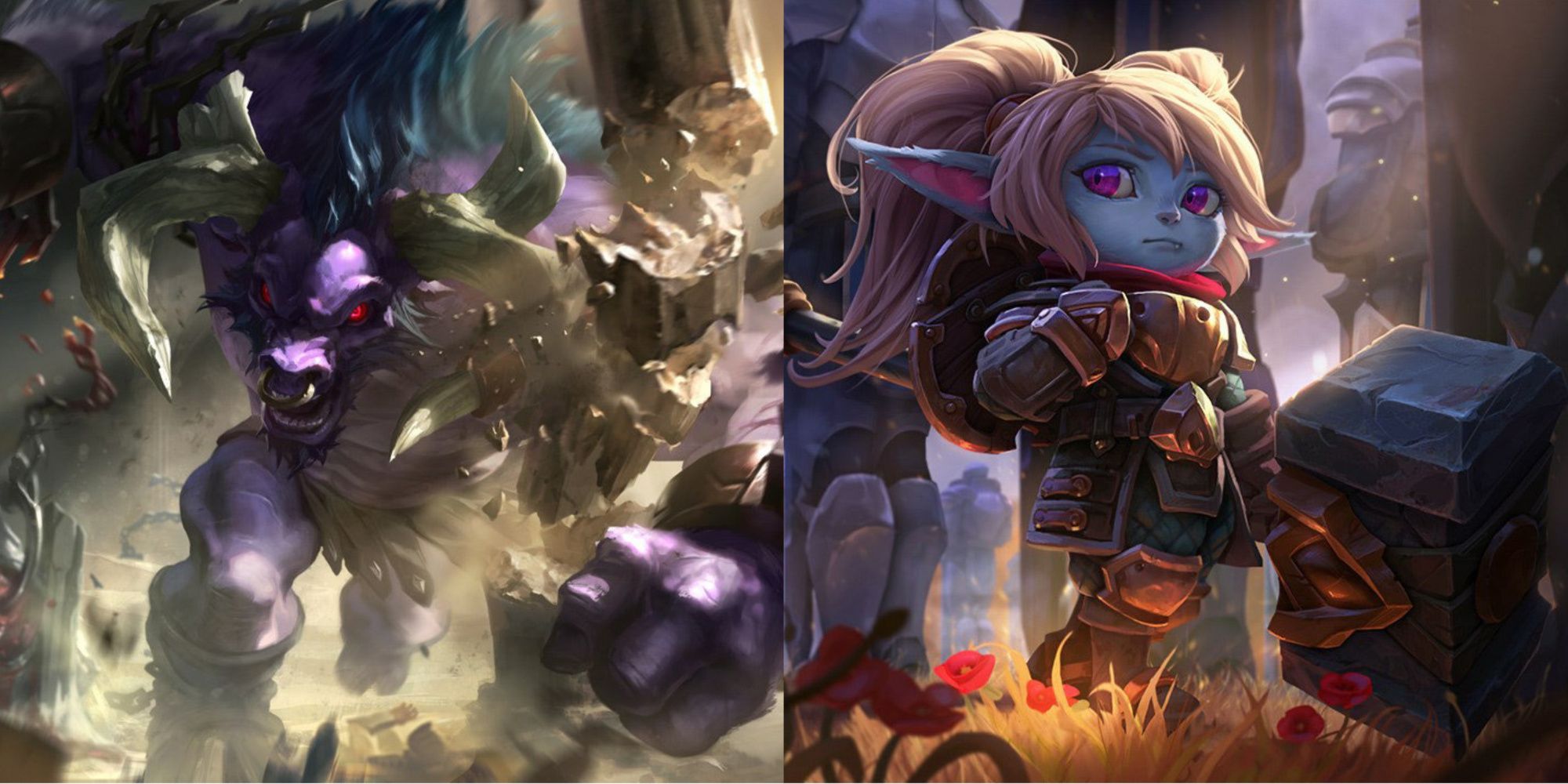 A split image from League of Legends of the champions Allistar and Poppy. Allistar is a large purple ram and Poppy is a smaller yordle who wields a powerful hammer.