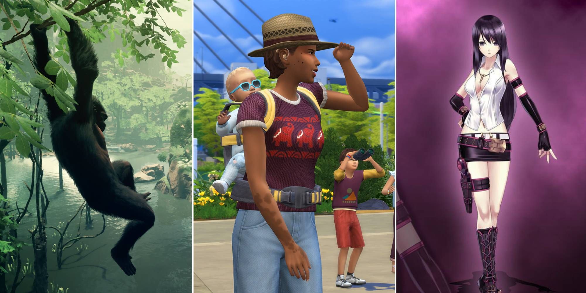 A primate swings from a branch in Ancestors, a woman holds up her hand to shade the sun with a baby strapped to her back in The Sims 4, and a woman from Agarest poses with a pistol on her thigh.