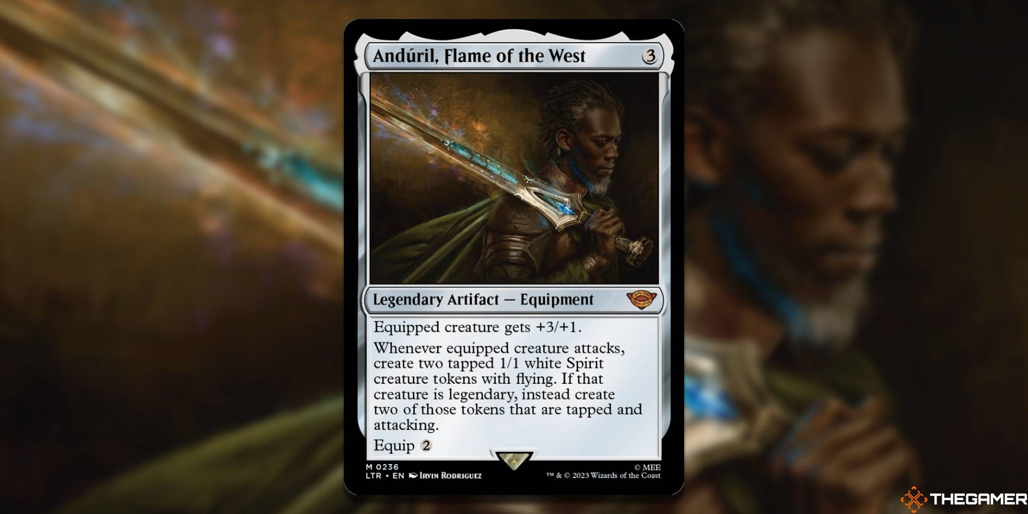 Image of the Anduril, Flame of the West card in Magic: The Gathering, with art by Irvin Rodriguez