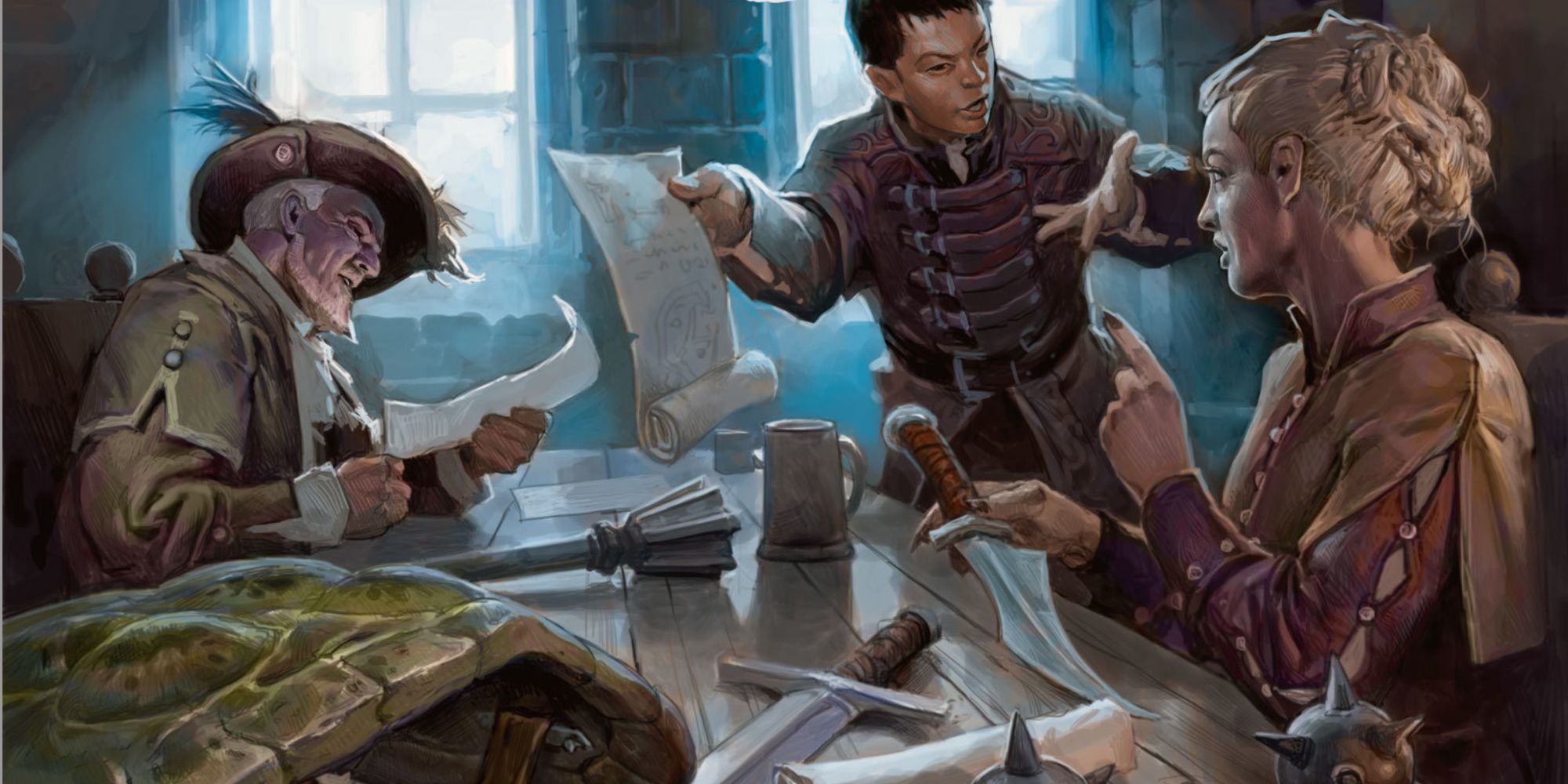 Three people sitting around a table, with one holding a knife and the other two holding parchment in DND