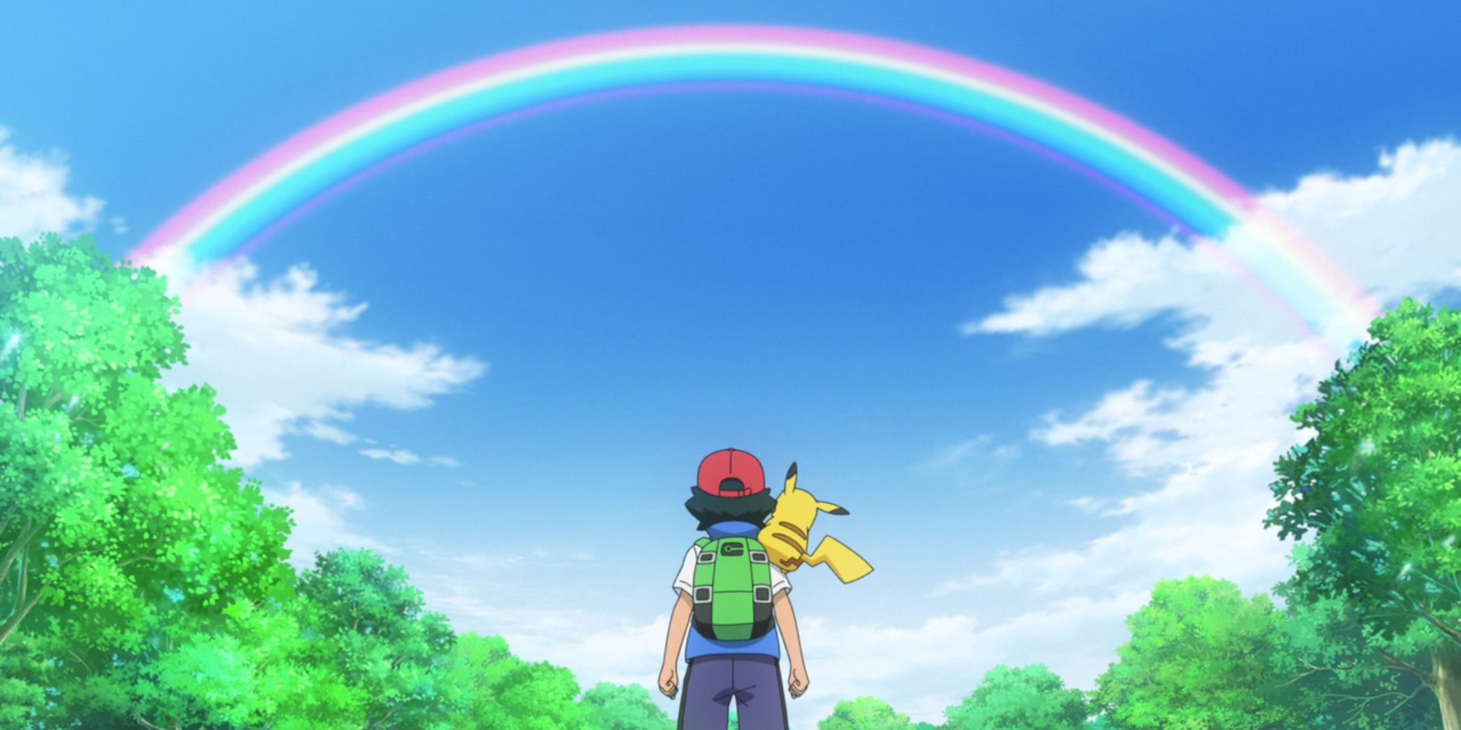 Ash and Pikachu running towards a rainbow, Pokemon Journeys last episode