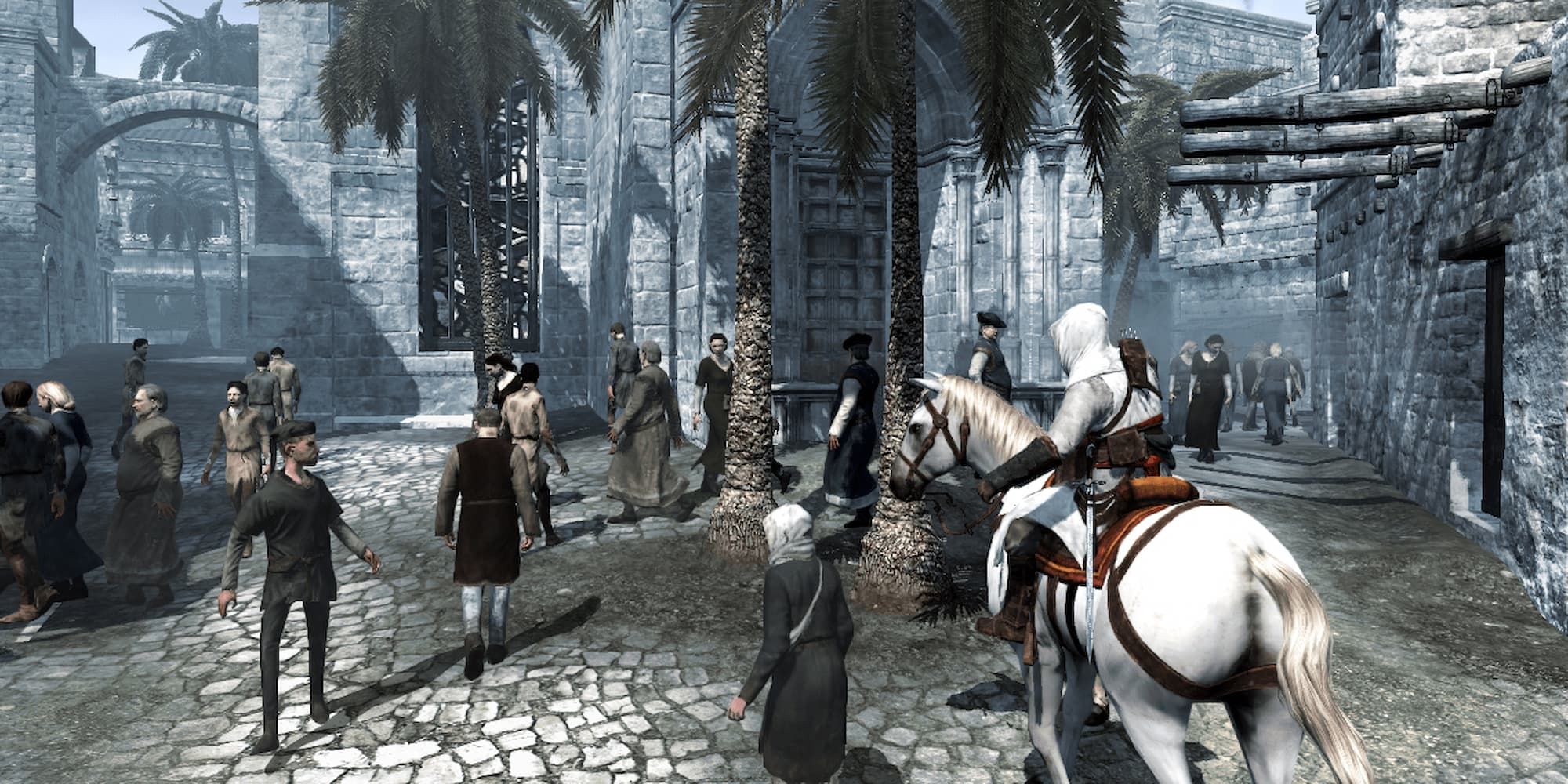 Altair rides a horse into a crowd of villagers in Assassin's Creed.