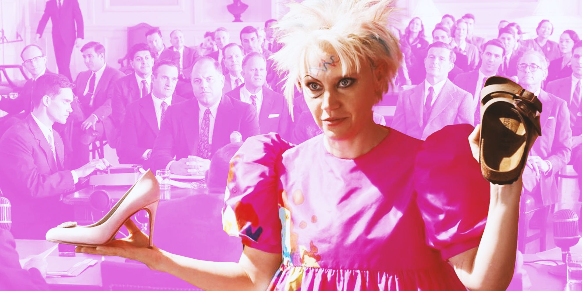 Kate McKinnon in Barbie and a bunch of the cast of Oppenheimer in the background