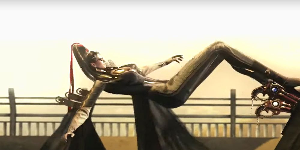 Bayonetta crashing through the gate in her large heels