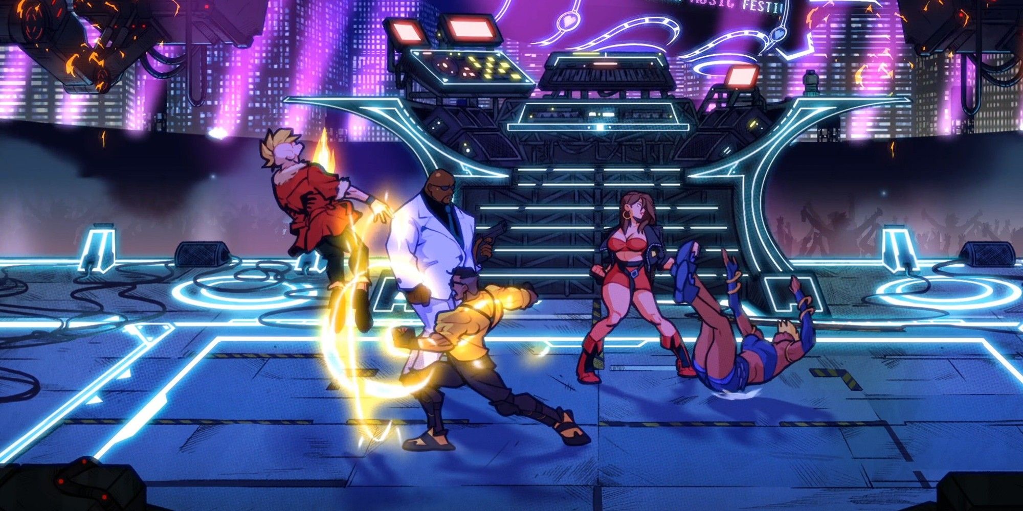 Characters fighting men in suit in a disco. 