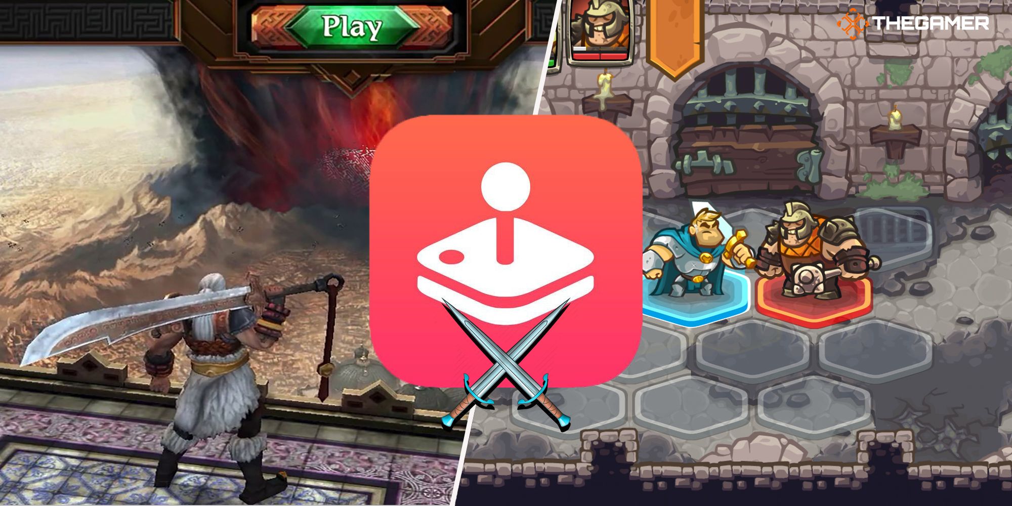 Images from Spelldrifter and Legends of Kingdom Rush, centered with the Apple Arcade logo and a pair of blades.