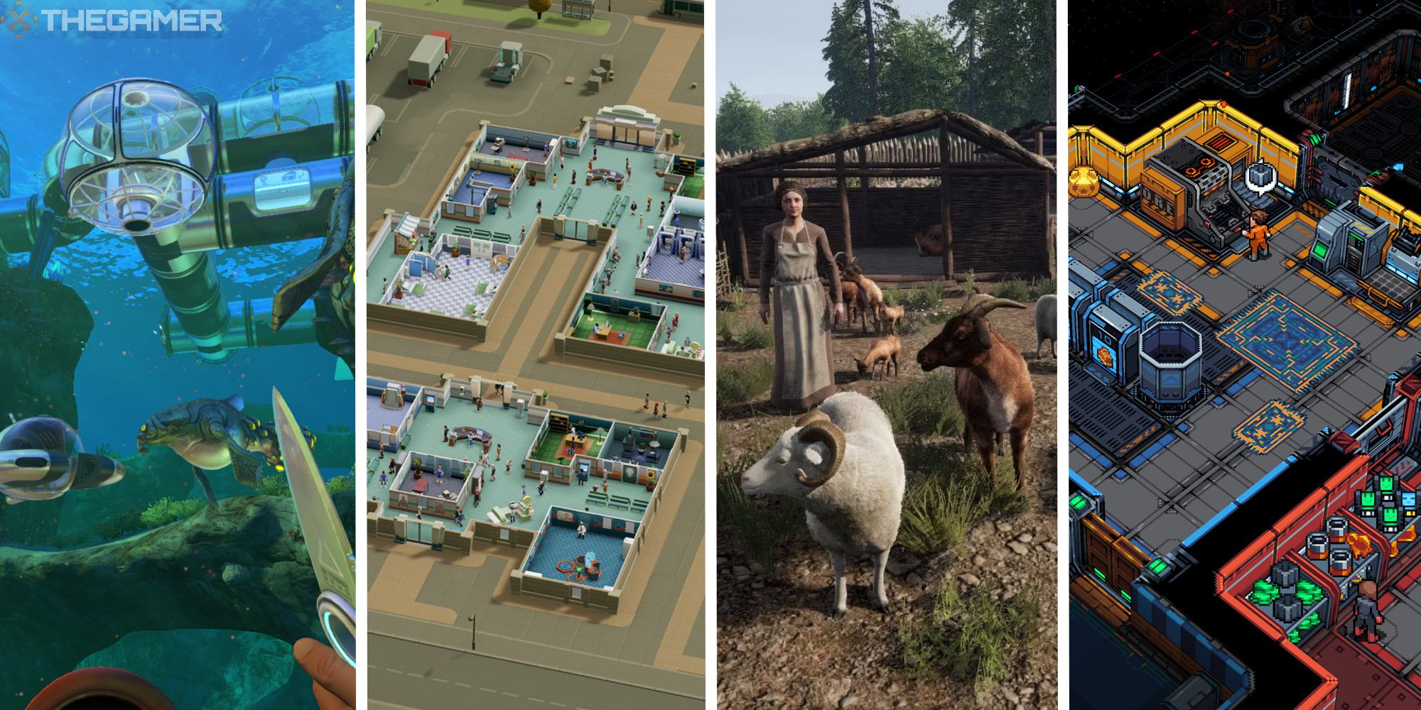 split image showing subnautica, two point hospital, medieval dynasty, and starmancer