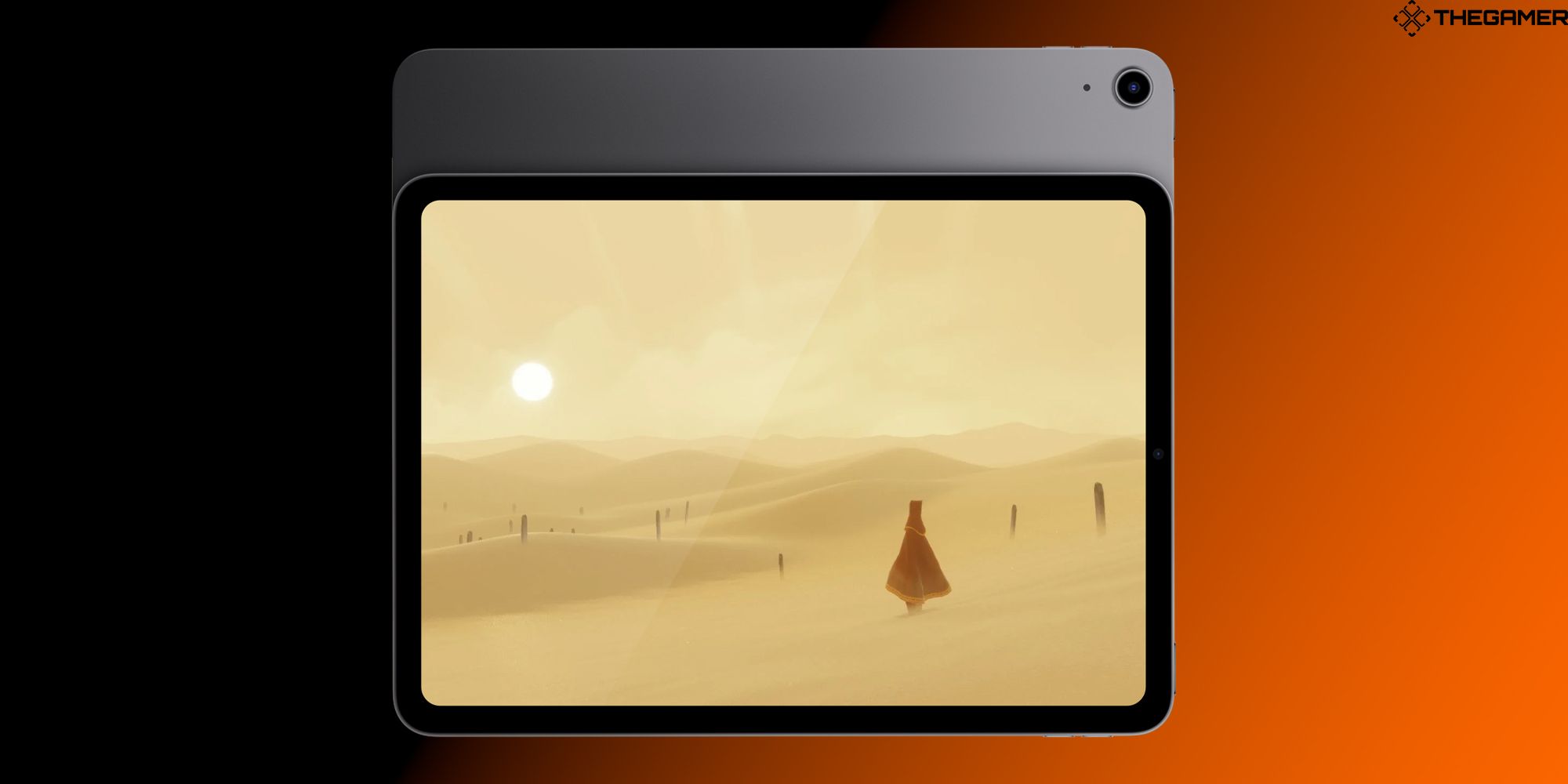 A screenshot of the game Journey on an iPad against a black and orange background.