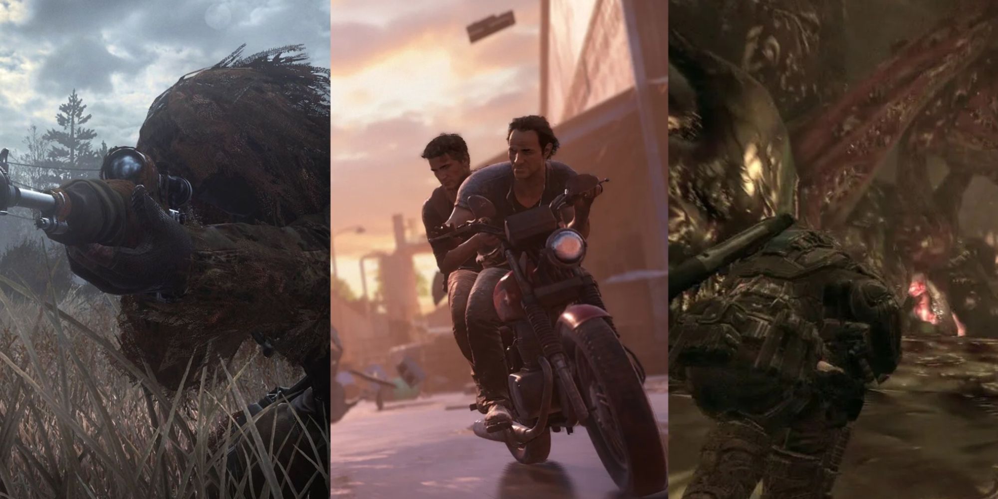 Best Shooter Levels Featured Split Image Call Of Duty 4, Uncharted 4, and Gears Of War 2