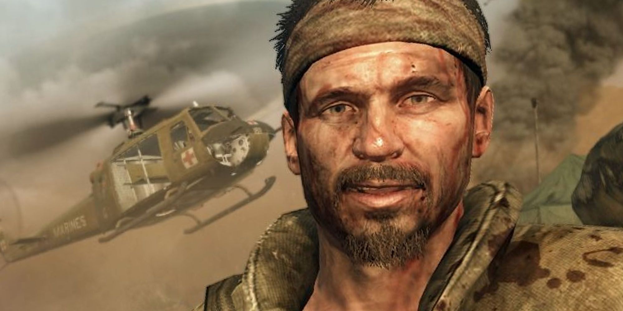 Call of Duty Black Ops Woods smiling at the camera while a medic helicopter lands behind him in the desert