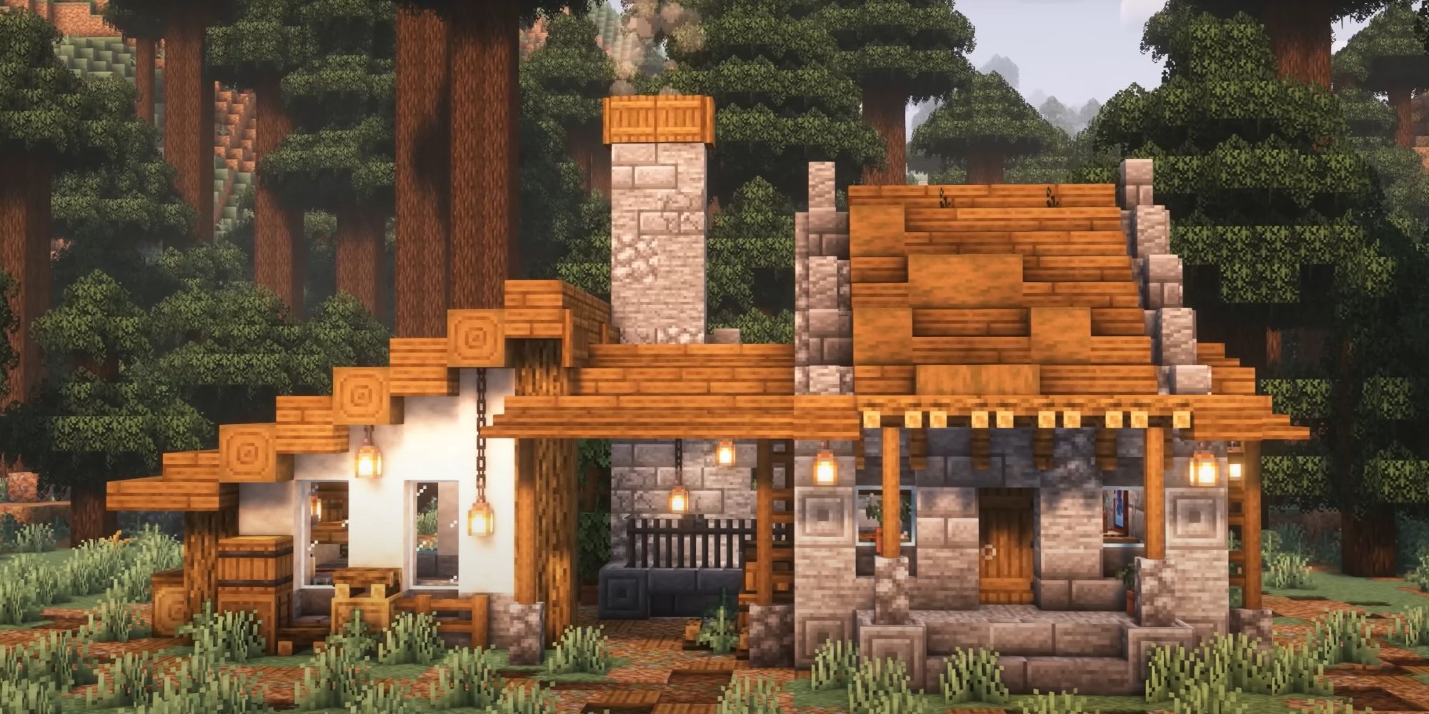 An image from Minecraft of a Blacksmith Starter House, which is modeled after a smeltery with lots of stone and cobble. 