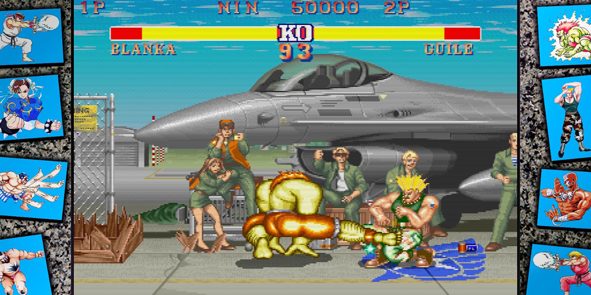 Blanka fights Guile in front of a military jet in Street Fighter 2: The World Warriors.