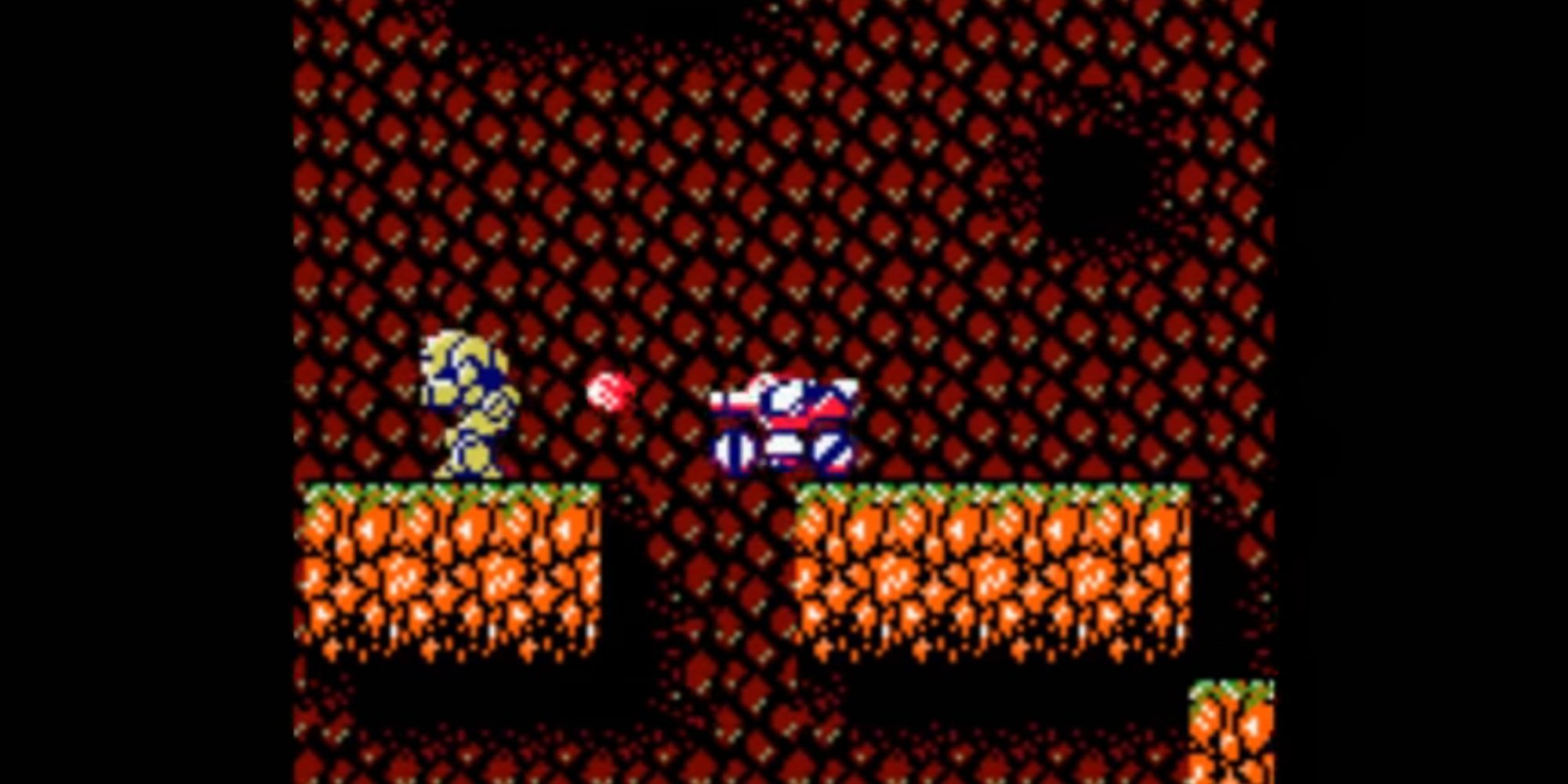 The SOPHIA shoots an enemy from behind in a cave