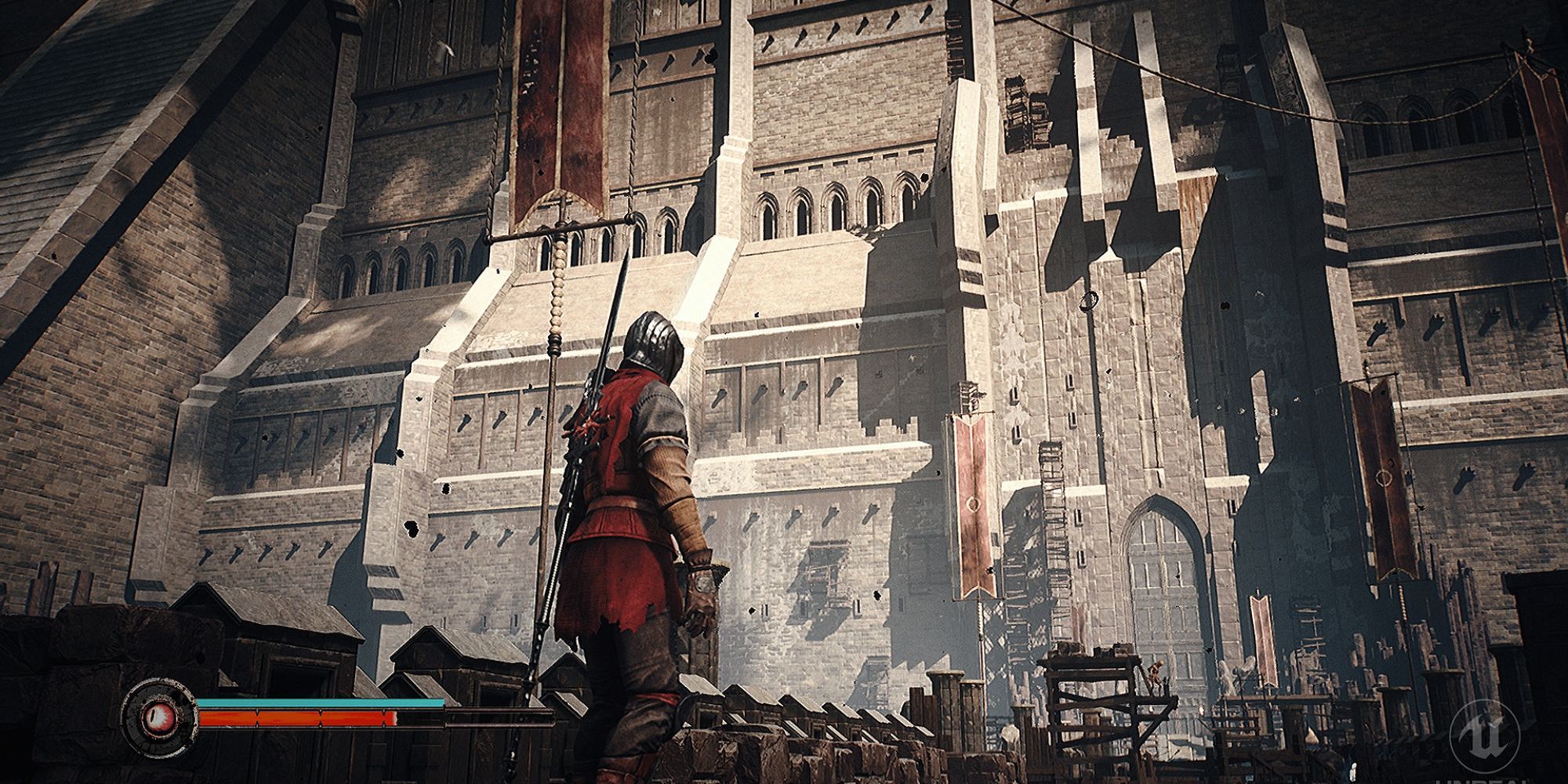 An armored warrior with a spear resting on his back gazing at the door of a giant stone castle