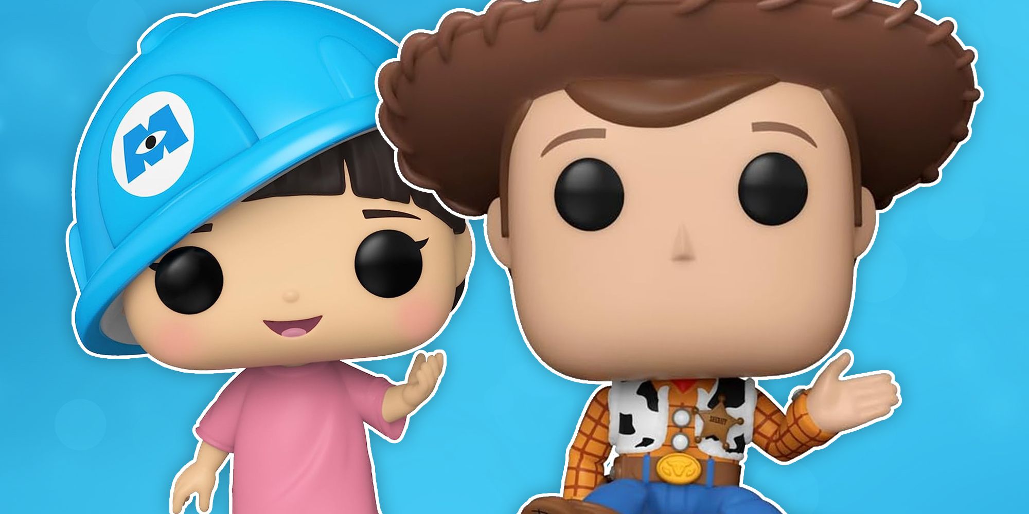 boo from monsters inc and toy story's woody as funko pops