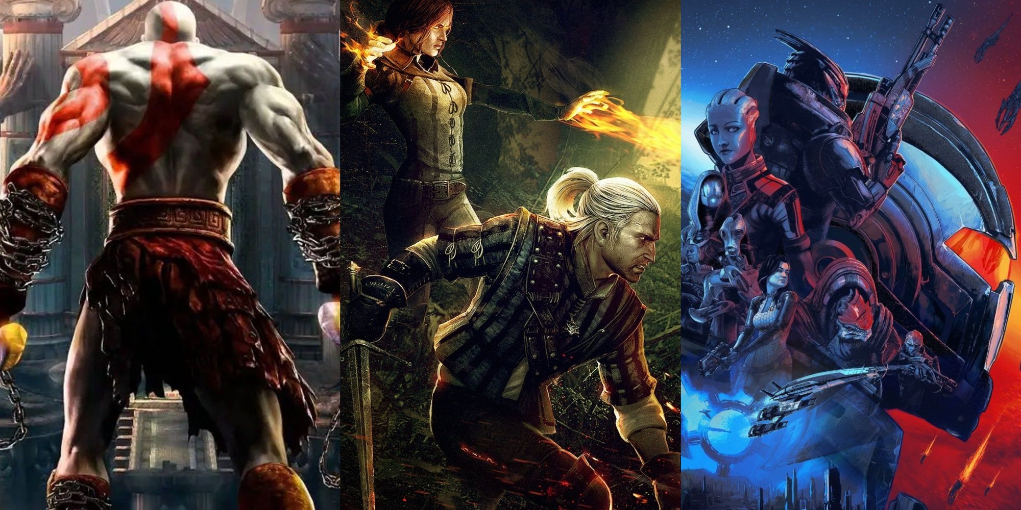 A collage showing the box art for God of War 2, Mass Effect Legendary Edition, and key art for The Witcher 2.