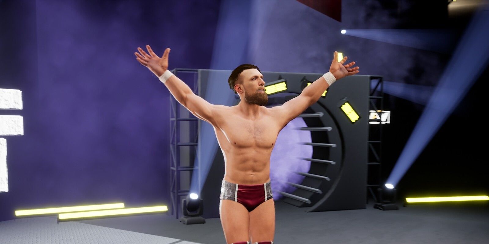 Bryan Danielson holds his hands up and plays to the crowd during his entrance in AEW Fight Forever.