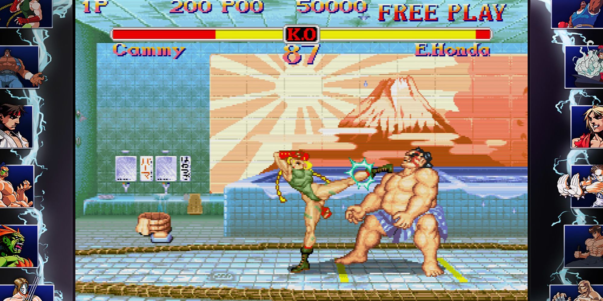 Cammy kicks E Honda inside a bathhouse in Super Street Fighter 2.