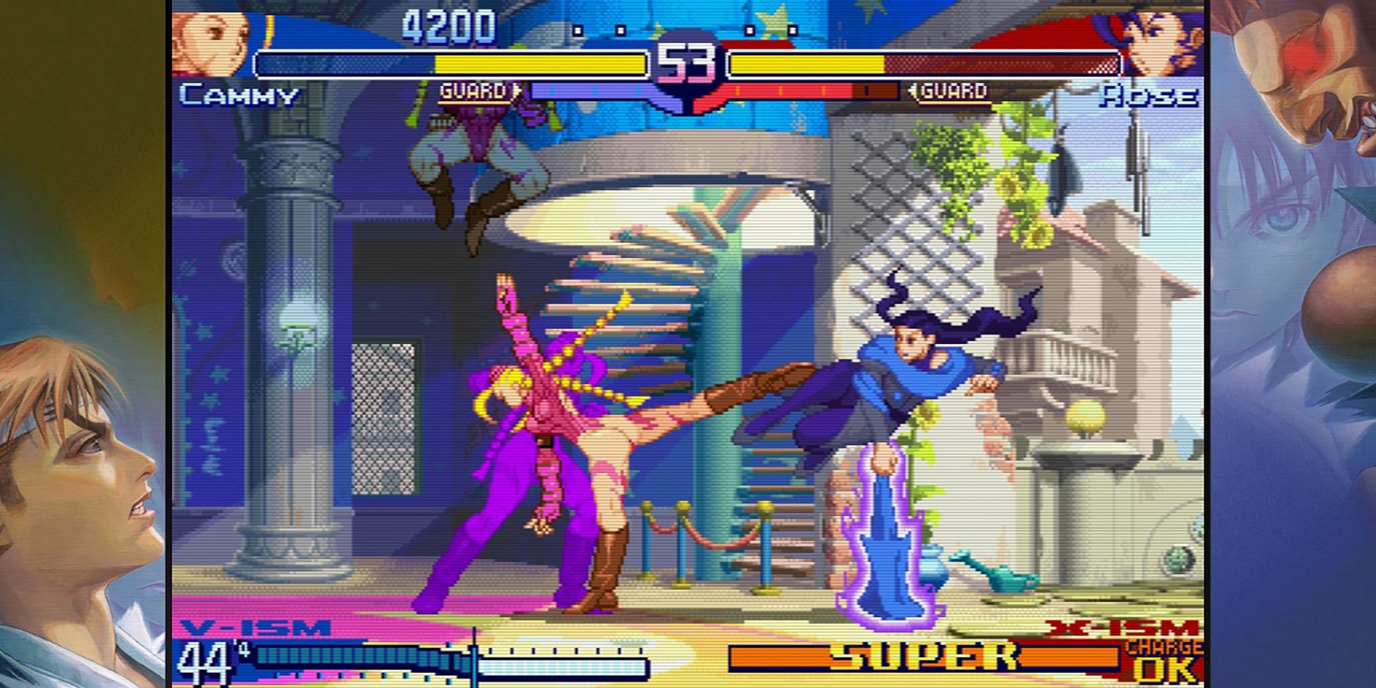 Cammy hits Rose with a custom combo during a match in an Italian villa in Street Fighter Alpha 3.