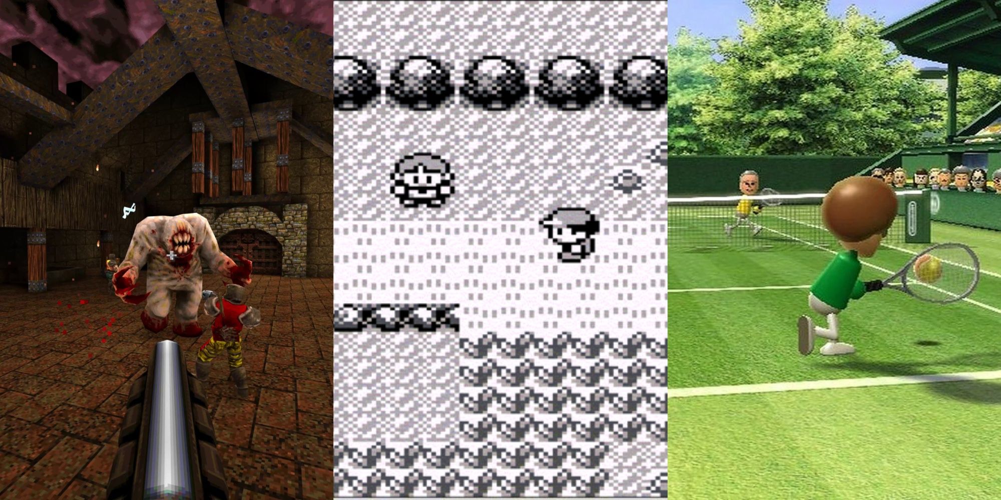 Quake shooting a creature, Pokemon, and Wii Sports tennis