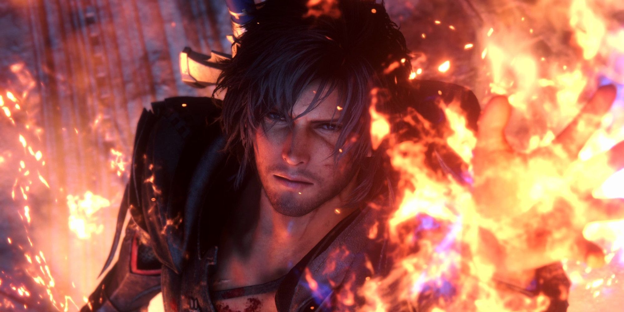 Clive surrounded by flames in Final Fantasy 16