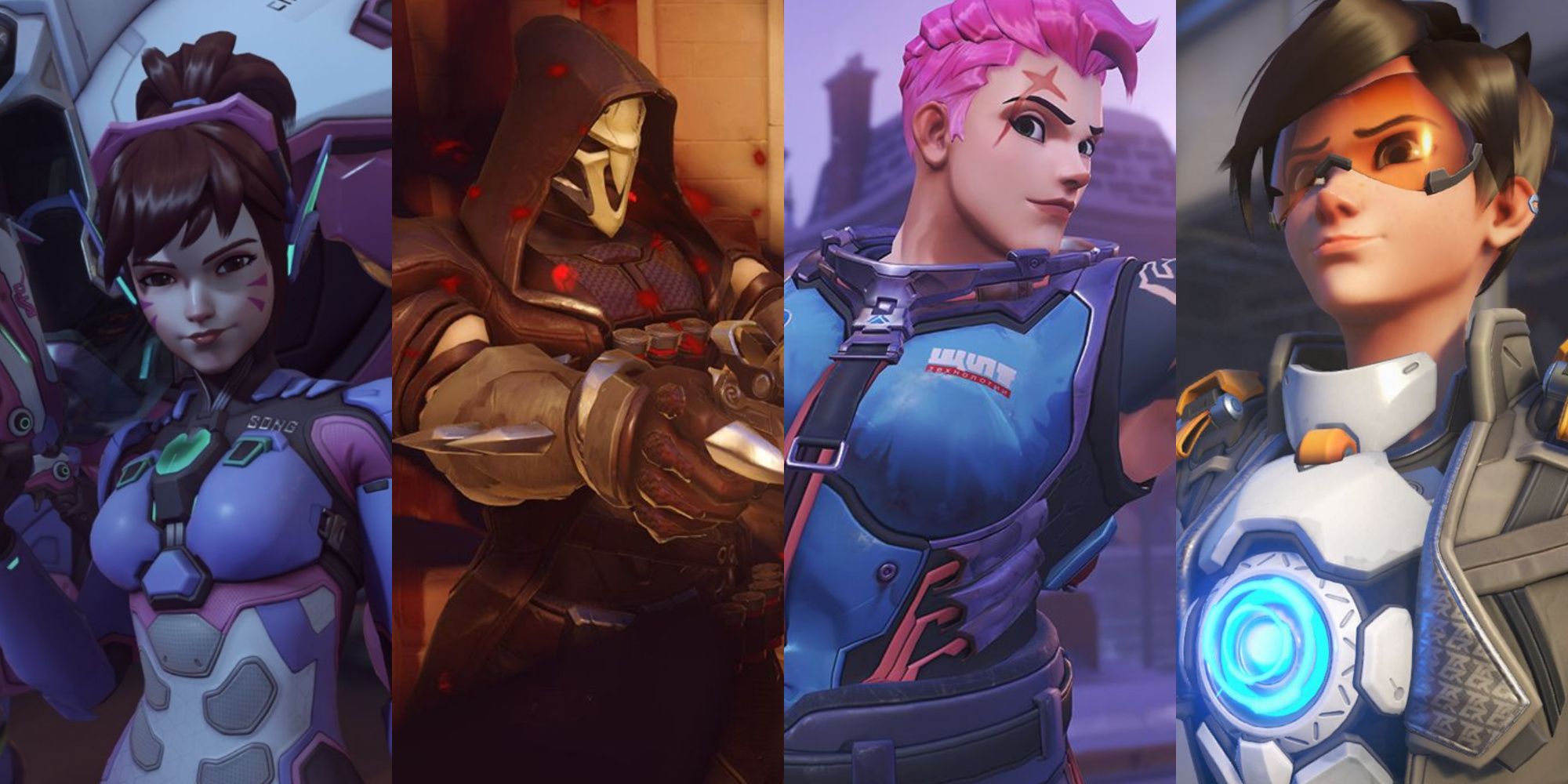 A collage showing D.va, Reaper, Zarya, and Tracer.
