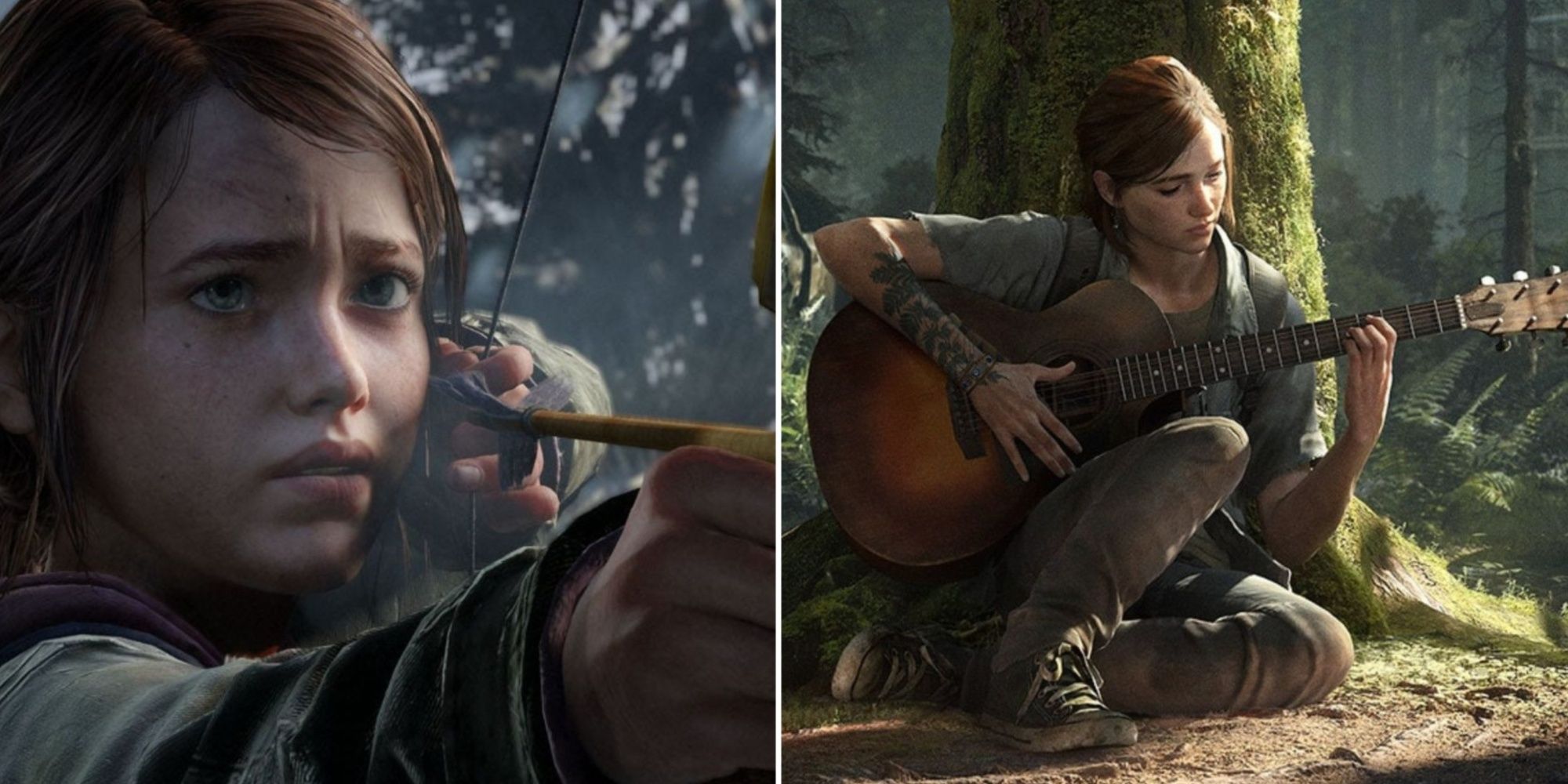 Ellie aiming a bow in the last of us and playing a guitar in the last of us 2