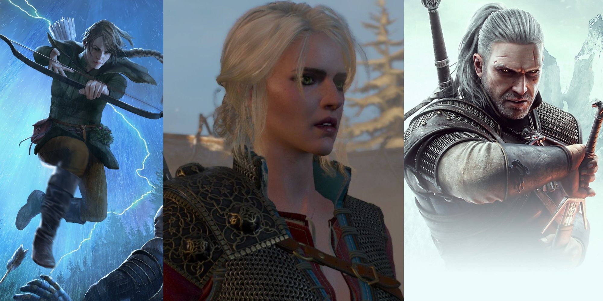 The Witcher - Milva, Ciri, and Geralt in various promotional art and Ciri in the Witcher 3