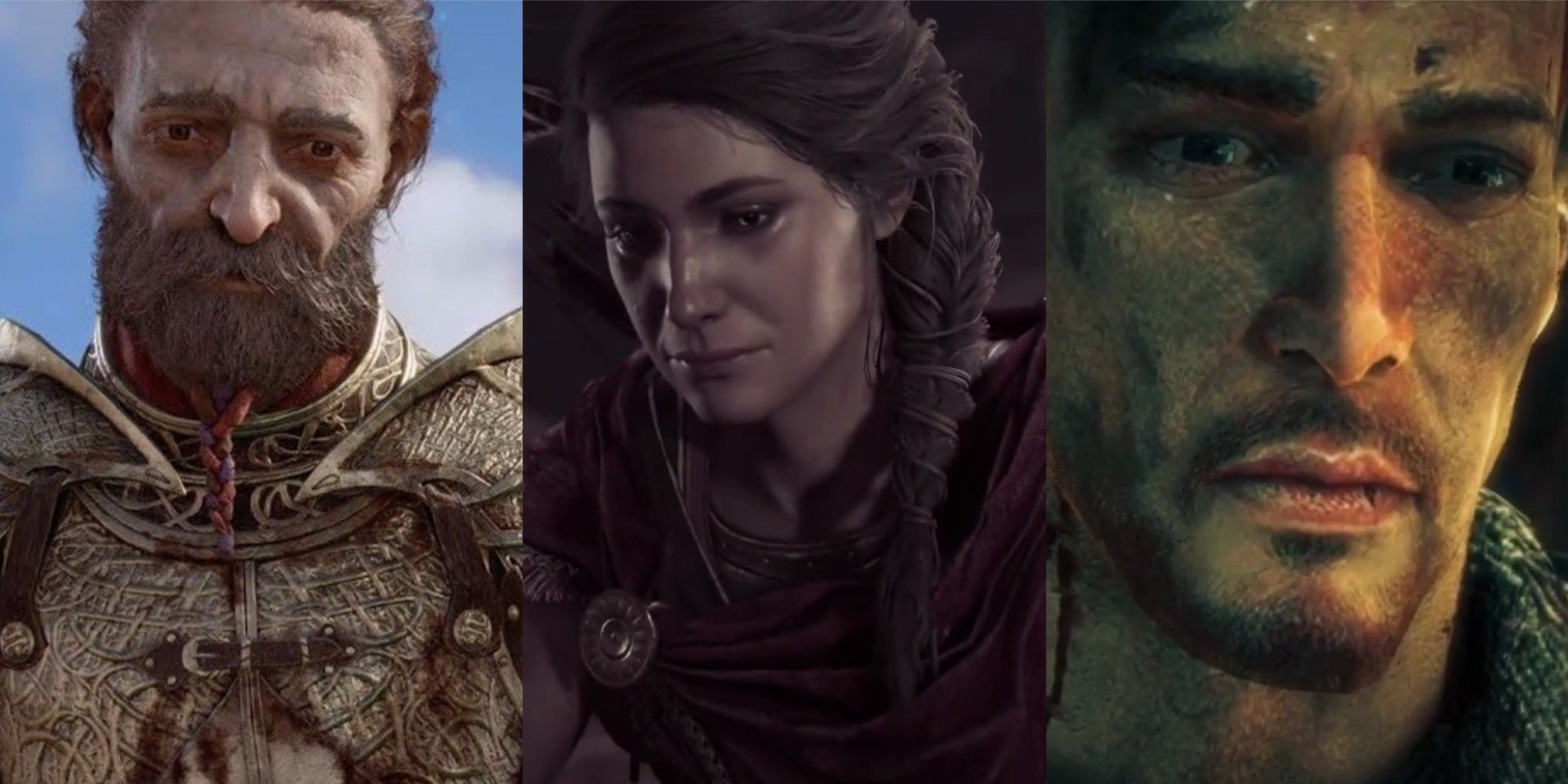 A three-image collage of Sindri looking sad and distraught looking down at Brok, Kassandra tearful and visibly upset kneeling near Phoibe in AC Odyssey, and a shocked expression on Walker's face with watery eyes as he sees the horrible casualties of their squad's actions.