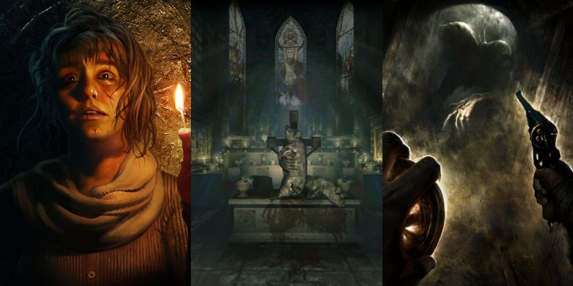 A three-image collage of Tasi holding a lit match in Amnesia: Rebirth, a pig altar in Amnesia: A Machine For Pigs, and the cover art of Amnesia: The Bunker.
