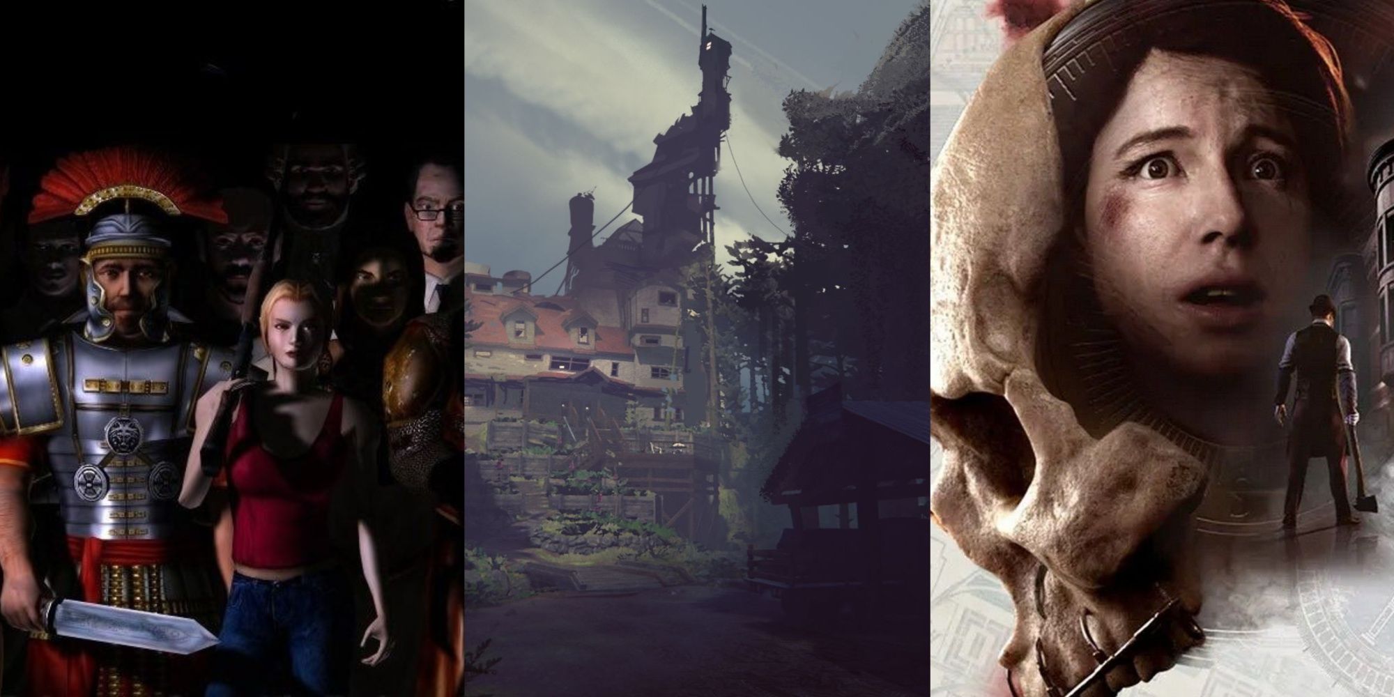 A three-image collage of Augustus, Alexndra, and other historical characters amid a dark background in Eternal Darkness: Sanity's Requiem, the Finch house from What Remains of Edith Finch, and Jessie Buckley's Kate Wilder on the cover art of Dark Pictures' The Devil In Me.