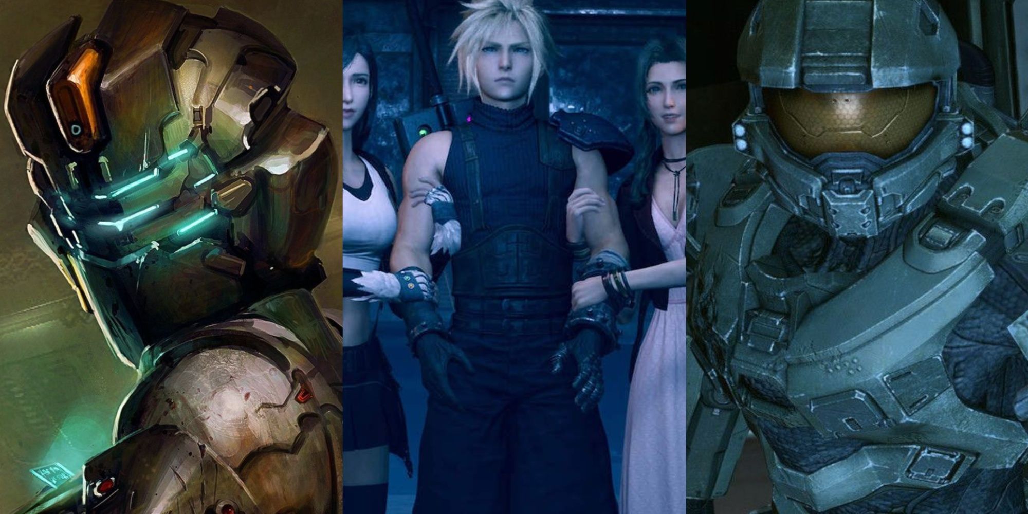 A collage showing the progatonists of Dead Space, Final Fantasy VII Remake, and Halo 4.