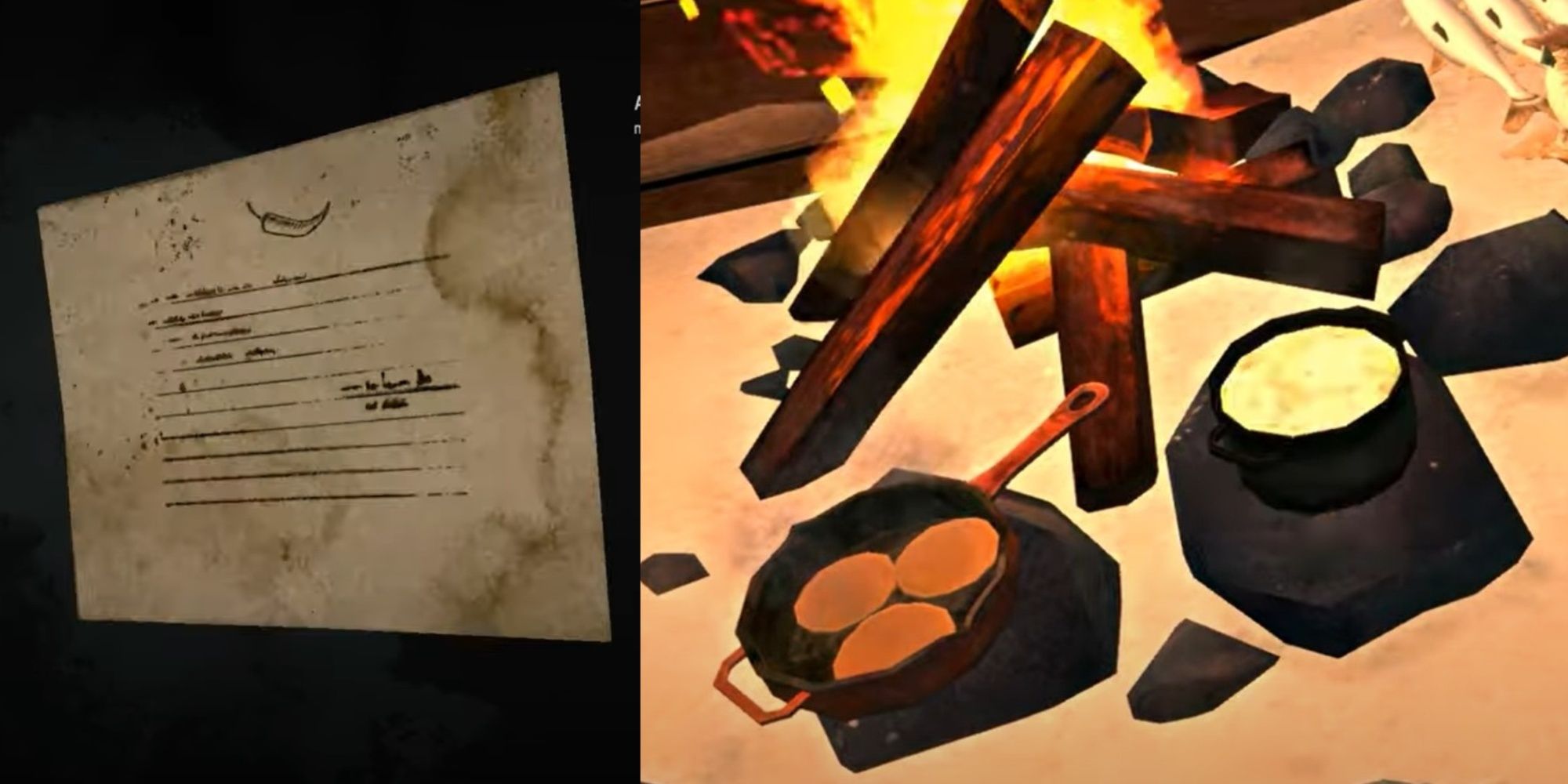 The Long Dark Stalker's Pie Recipe Card And Pancakes And Stew Cooking On A Campfire