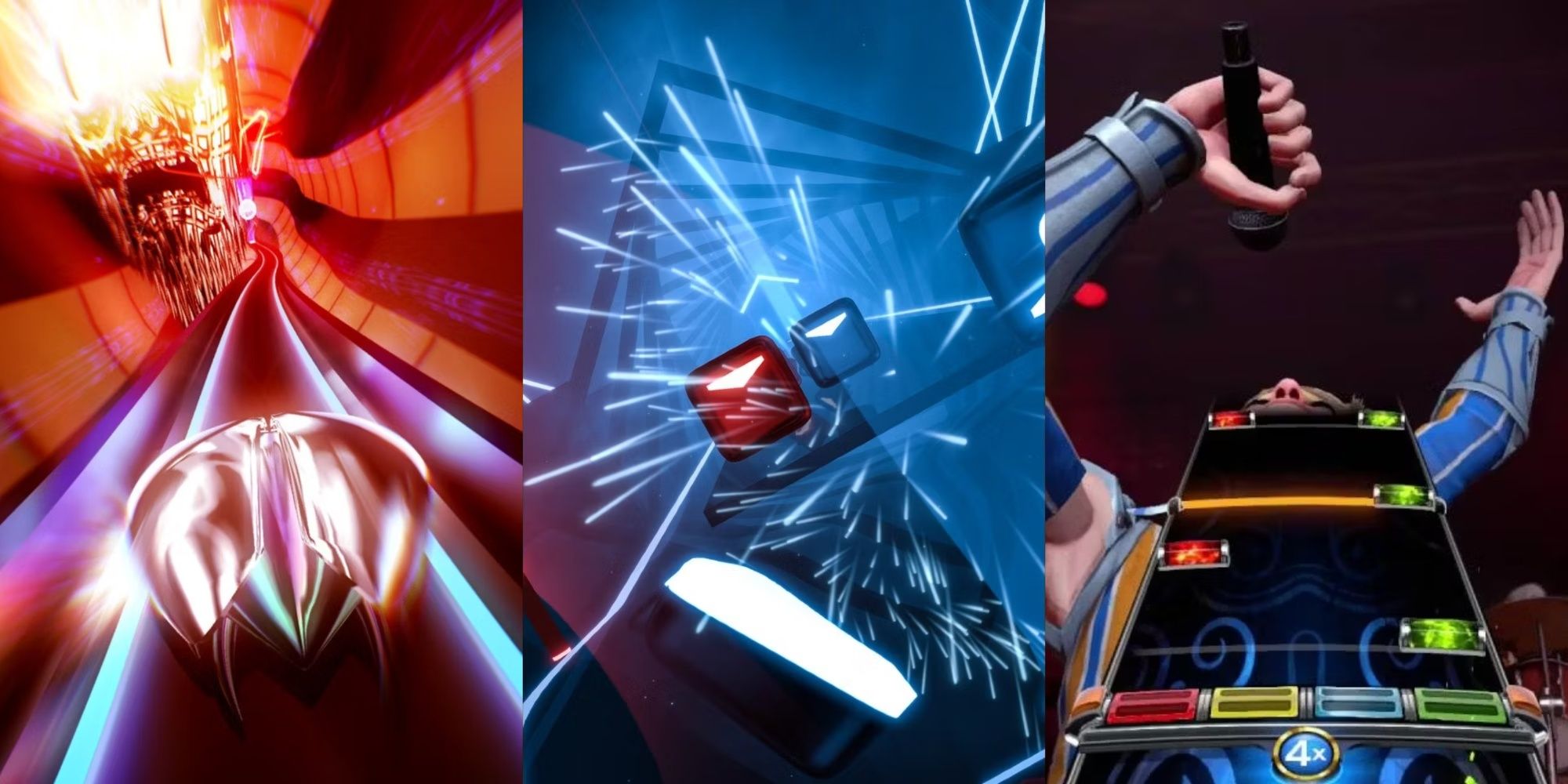Collage image of Thumper, Beat Saber, and Rockband.