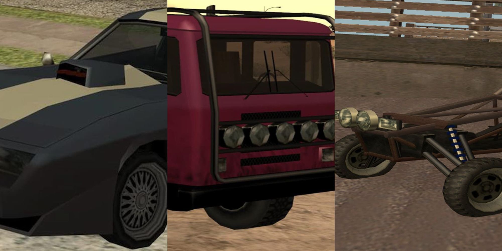 A collage showing three different vehicles in GTA San Andreas.