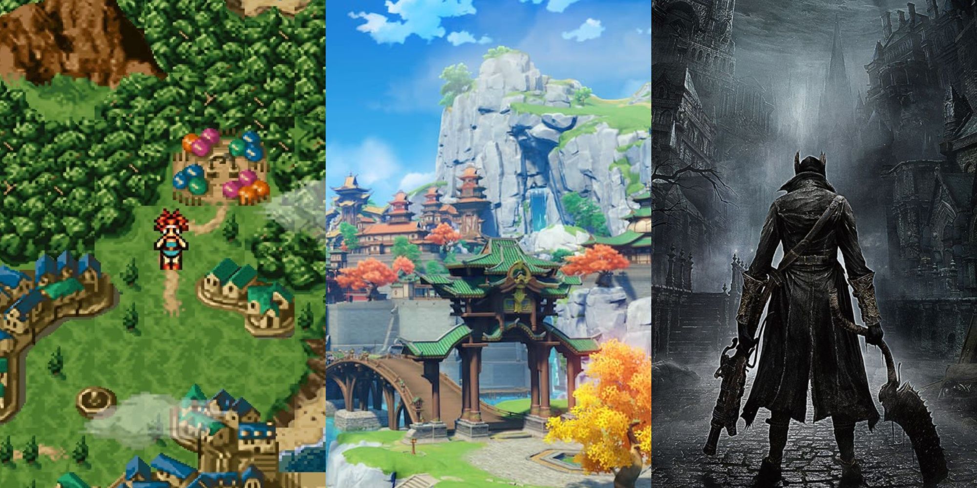 A collage showing the worlds of Chrono Trigger, Genshin Impact, and Bloodborne.