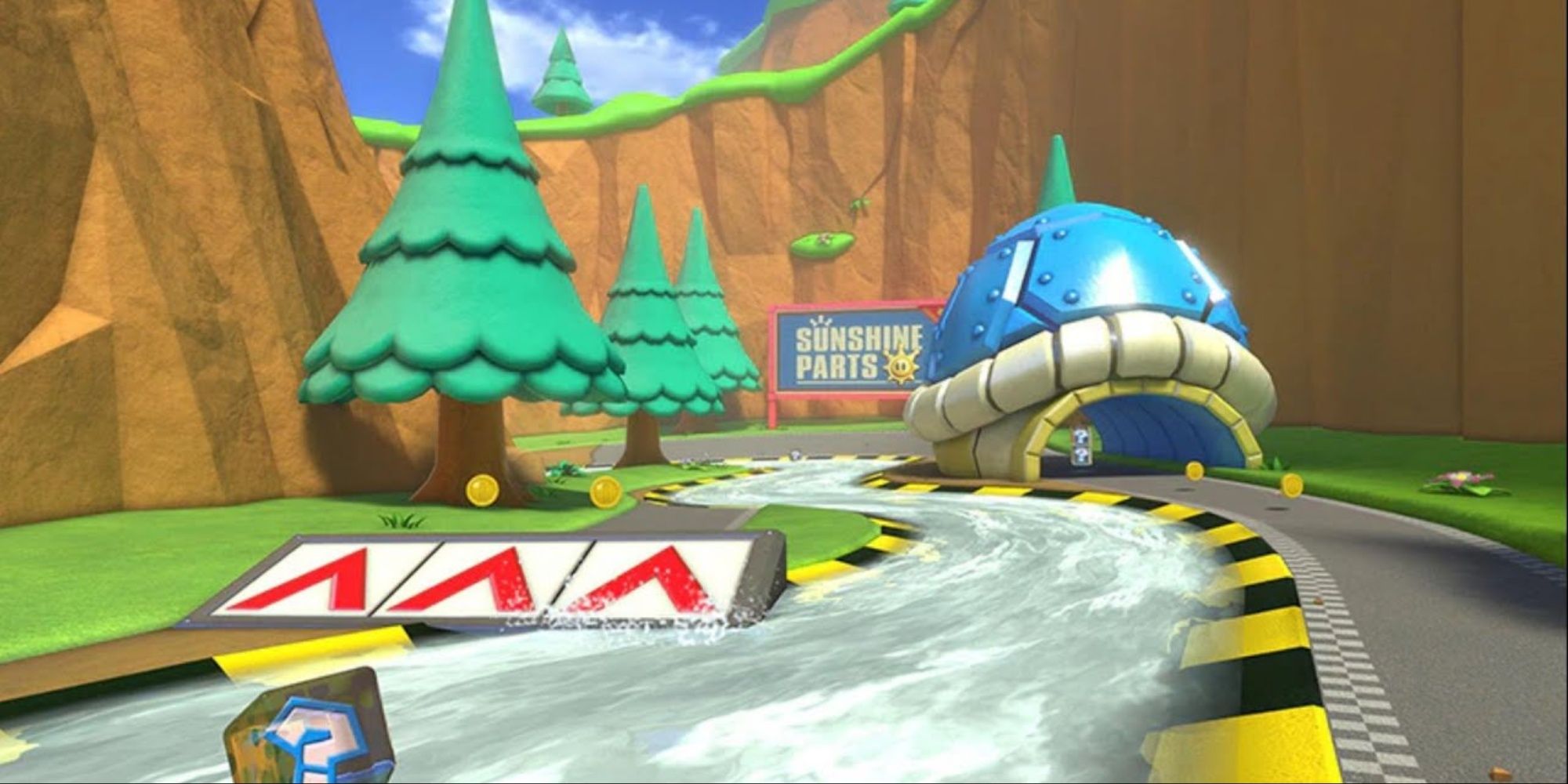 A View Of A Waterway With A Blue Koopa Shell