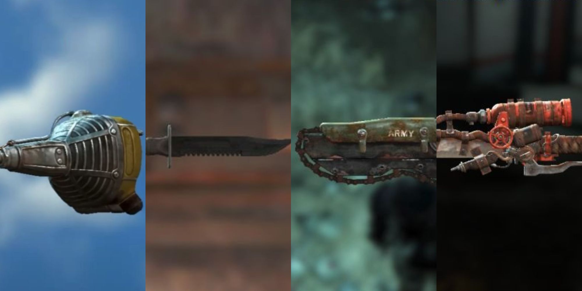 A collage showing four melee weapons in Fallout 4.