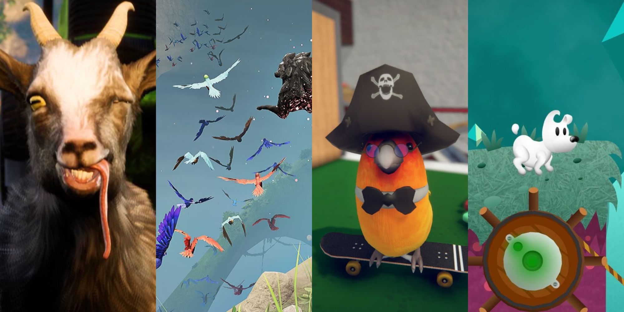 A collage showing pictures of Goat Simulator, Lost Ember, Skatebird, and Mimpi.