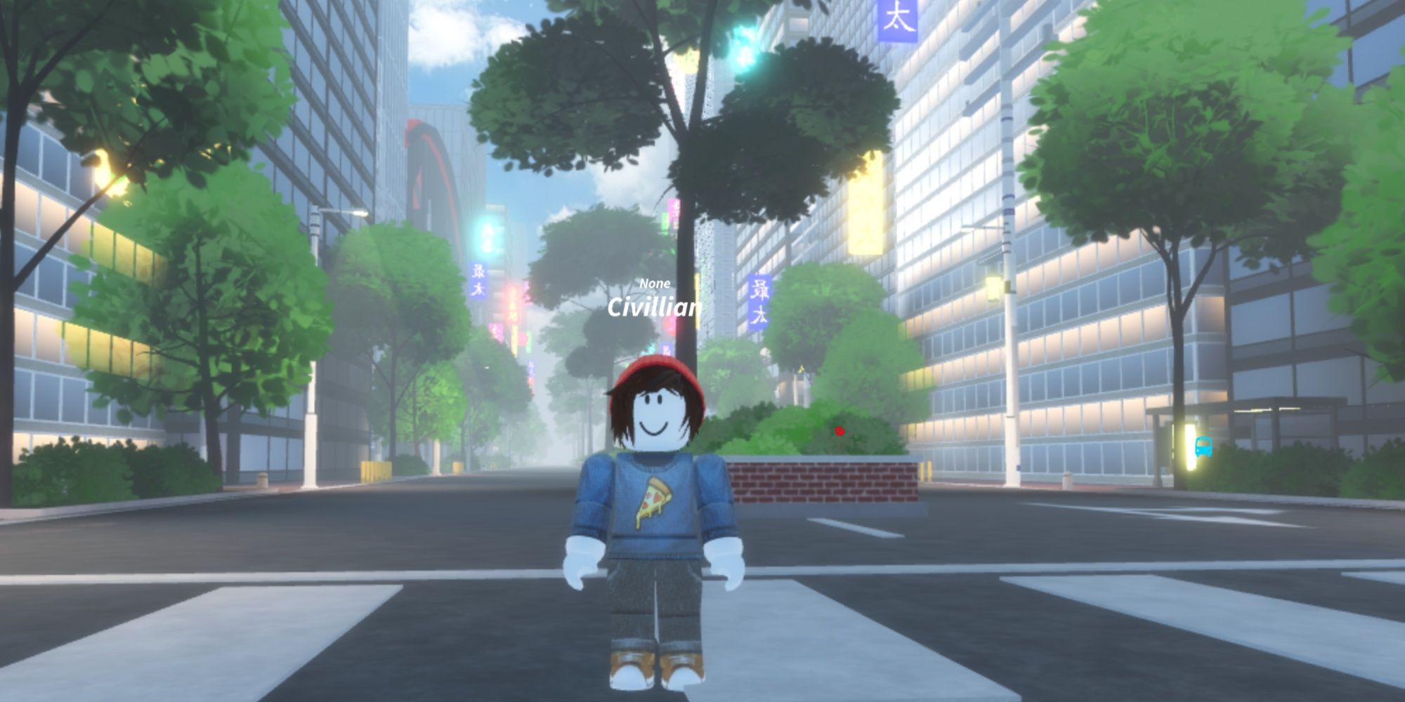OUr character stands in the streets of Era of Quirk in Roblox