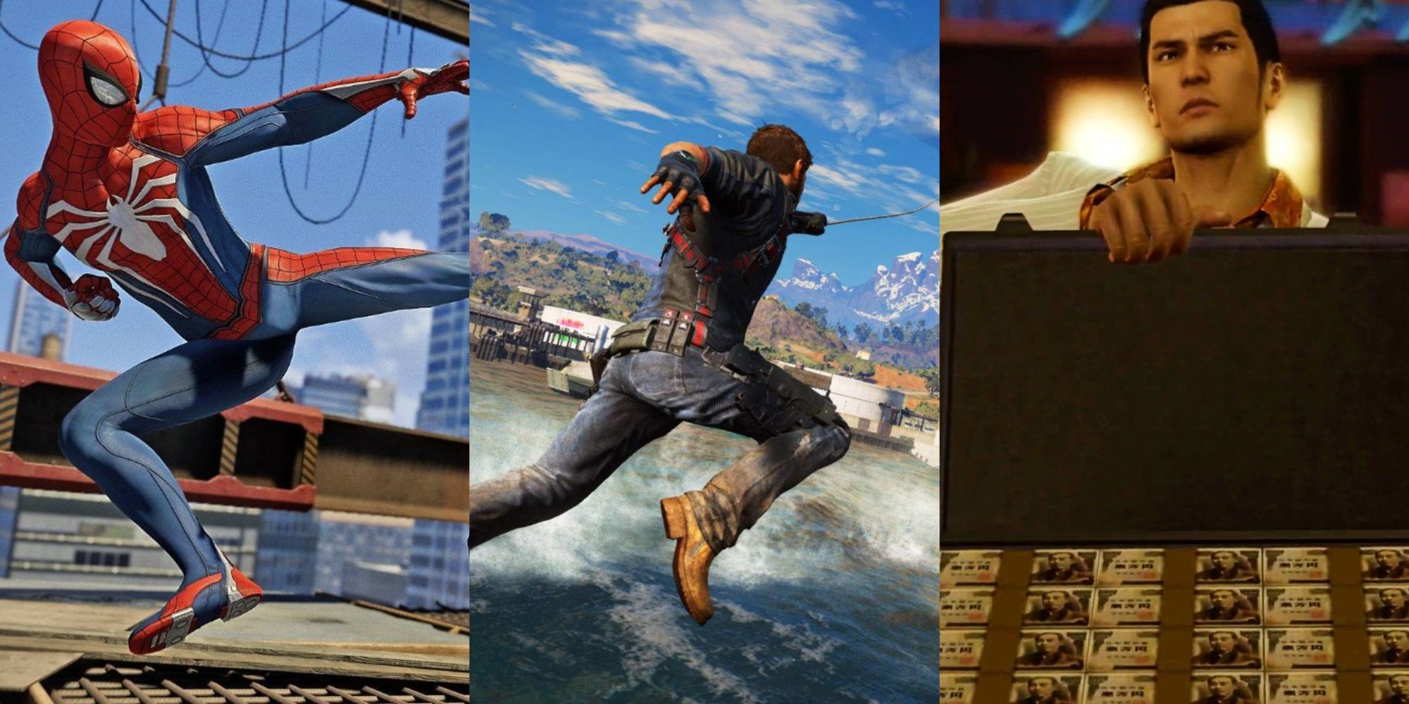 A three-image collage of Spider-Man in a kick position attacking an enemy un-seen, Rico grappling across the water in Just Cause 3, and Kiryu from Yakuza holding an open briefcase filled with money. 