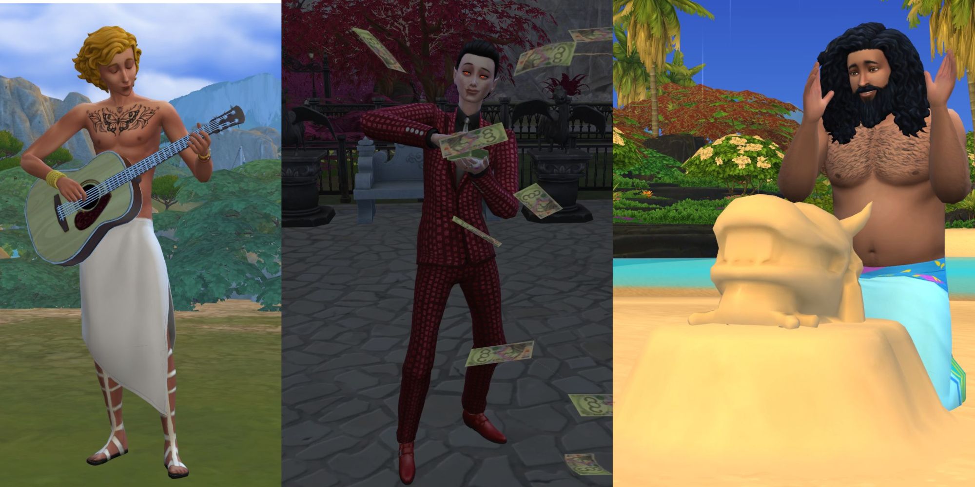Images of three Sims- the first one is a blonde young man playing guitar, the second is a dark-haired sickly man throwing money at the camera, and the third is a dark-haired muscular man building a sand snail.