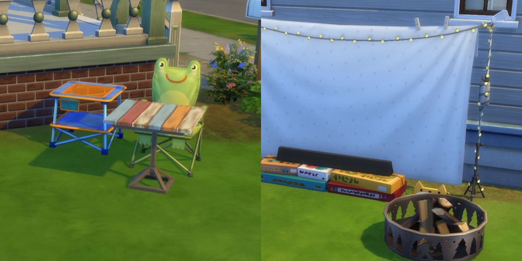Das Sims 4 Little Campers Kit: Geteiltes Bild eines Froggy-Stuhls und einer Feuerstelle