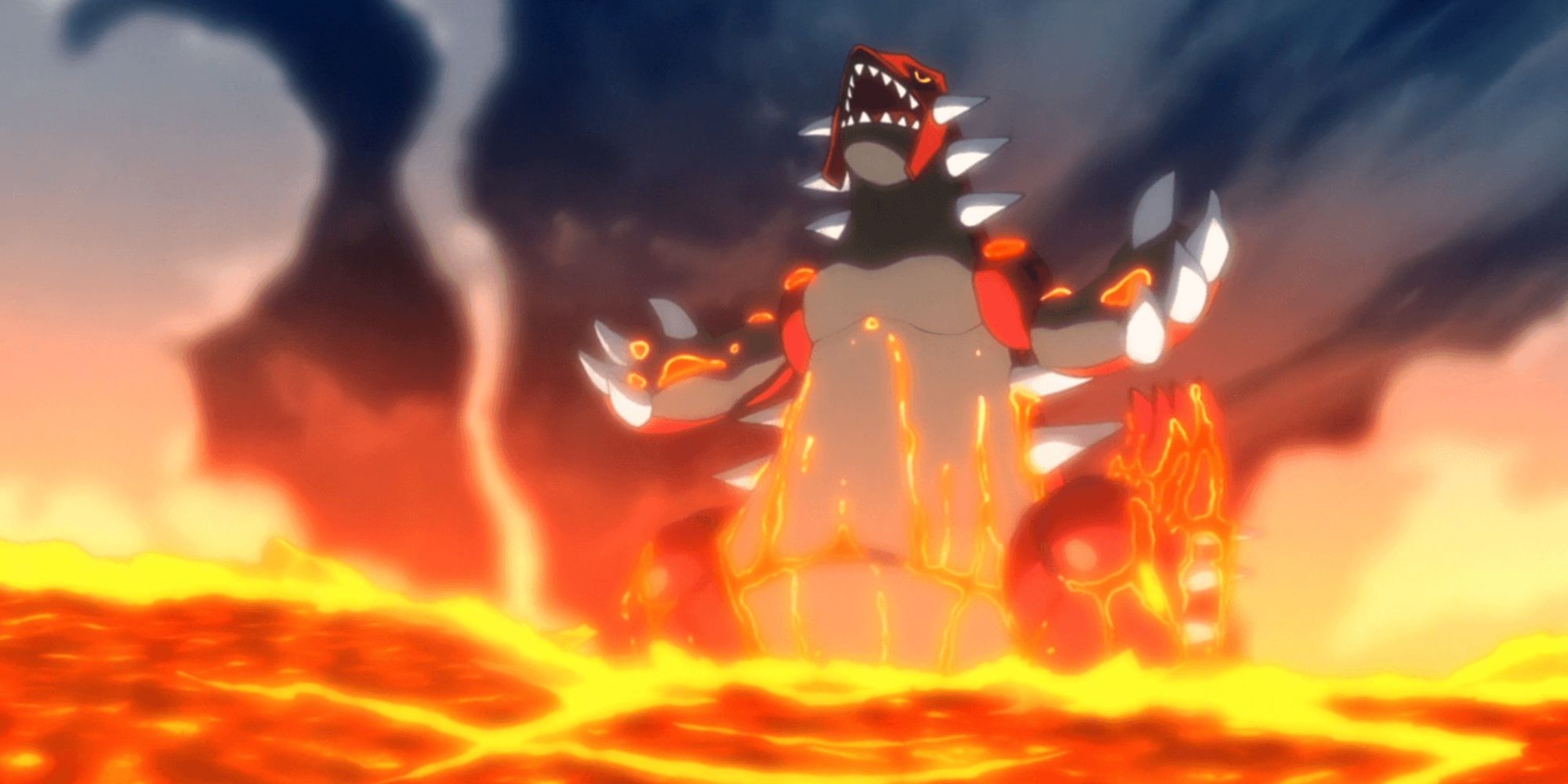 groudon in the pokemon anime emerging from lava