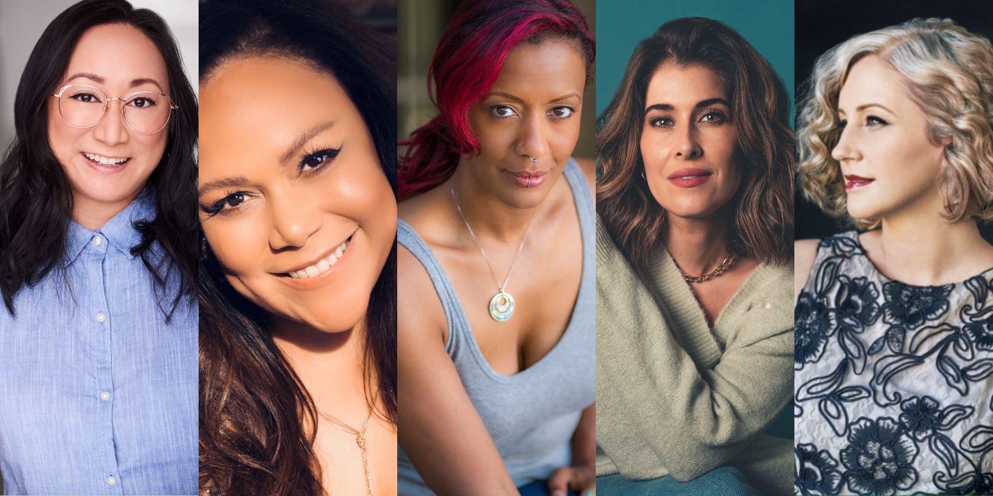 A five-image collage of the IMDB photos of the voice actors behind the female option for the protagonist, including Anne Yatco, Mela Lee, Mara Junot, Krizia Bajos, and Cissy Jones.