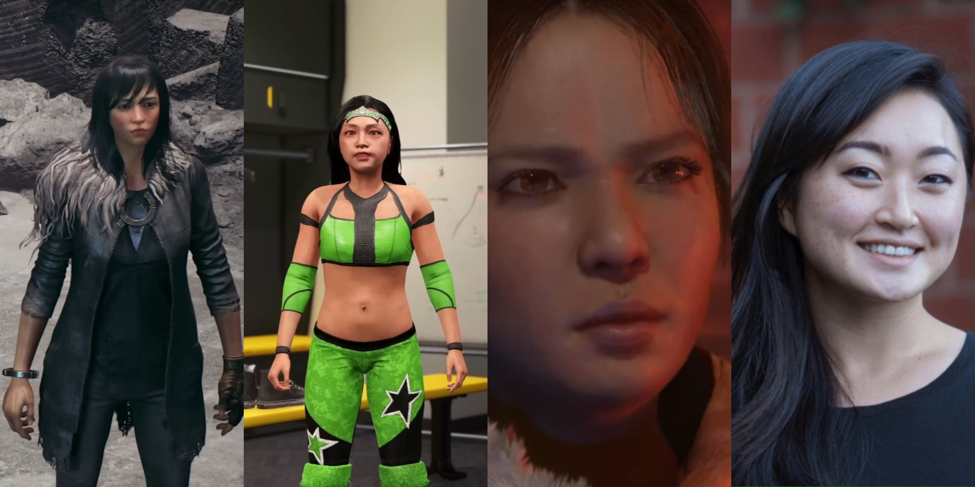 A four-image collage of Clementine from Remnant 2, wrestler Meilee "Fanny" Fan from WWE 2K23, a close-up of Neyrelle from Diablo 4, and Judy Alice Lee's image from IMDB.