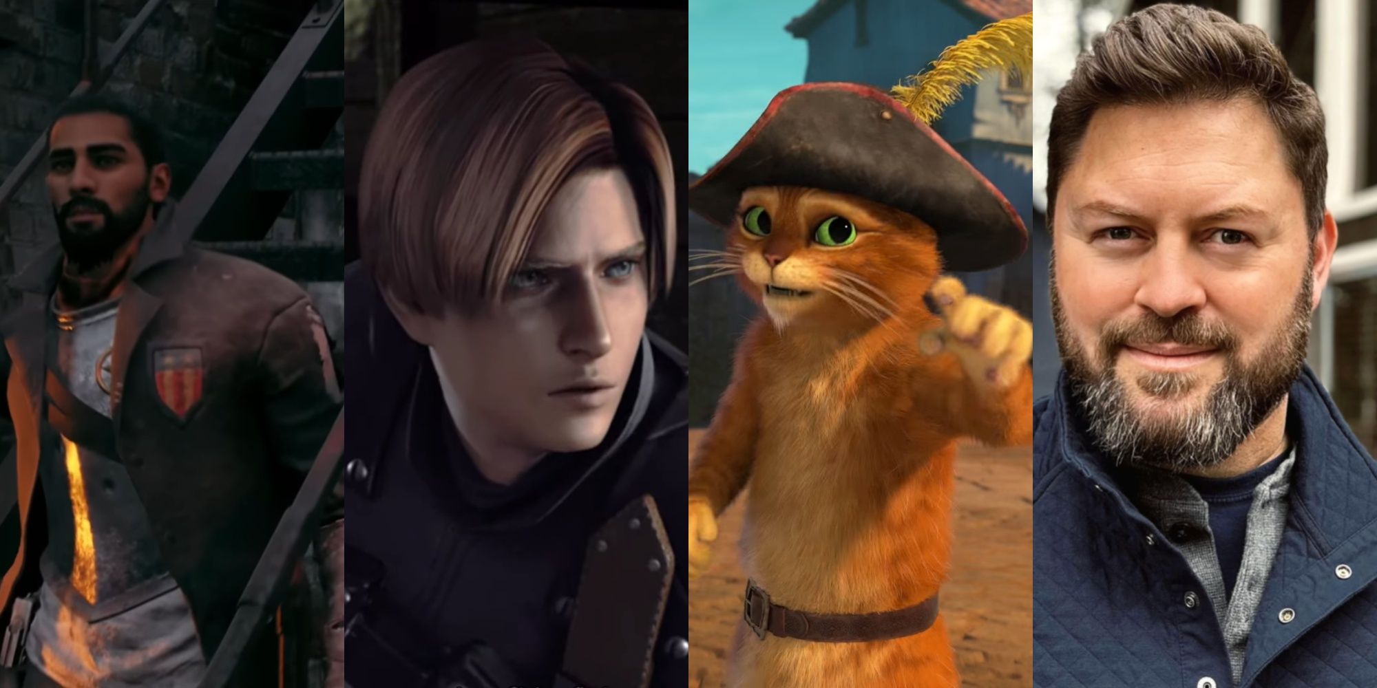 A four-image collage of Bo greeting the player in Remnant 2, Leon from Resident Evil: Operation Raccoon City, the titular character of Puss in Boots pointing at the camera, and an image of actor Christian Lanz.